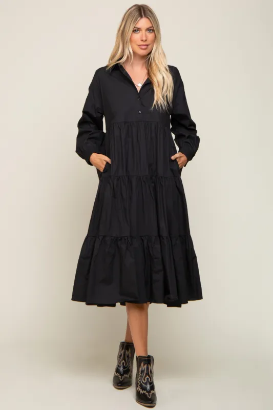 Black Tiered Button Down Midi Dress sold by Pinkblush