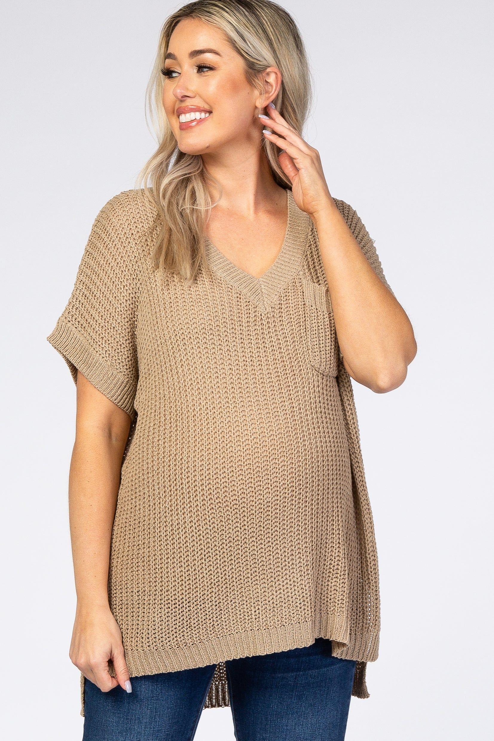 Dark Taupe Front Pocket Knit Maternity Top sold by Pinkblush
