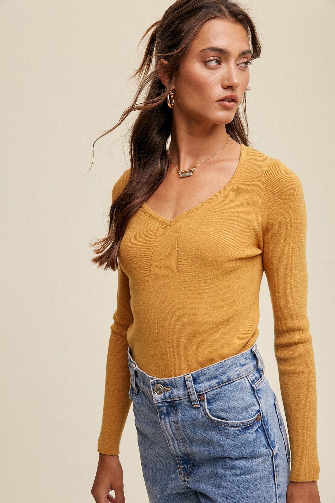Mustard Slim Fit V-Neck Long Sleeve Ribbed Sweater Top sold by Pinkblush product image thumbnail 2