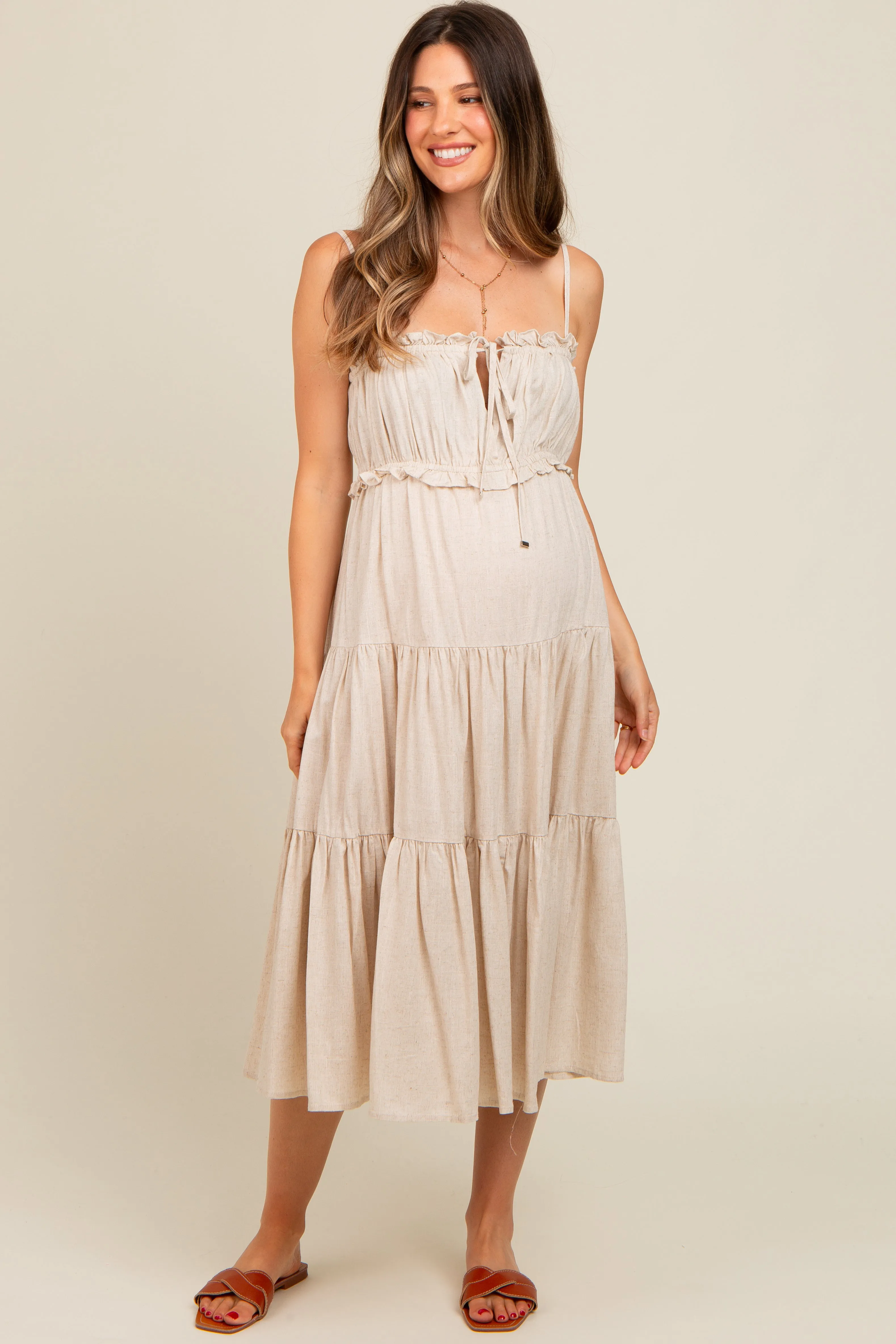 Beige Front Tie Cutout Tiered Maternity Midi Dress sold by Pinkblush product image thumbnail 2