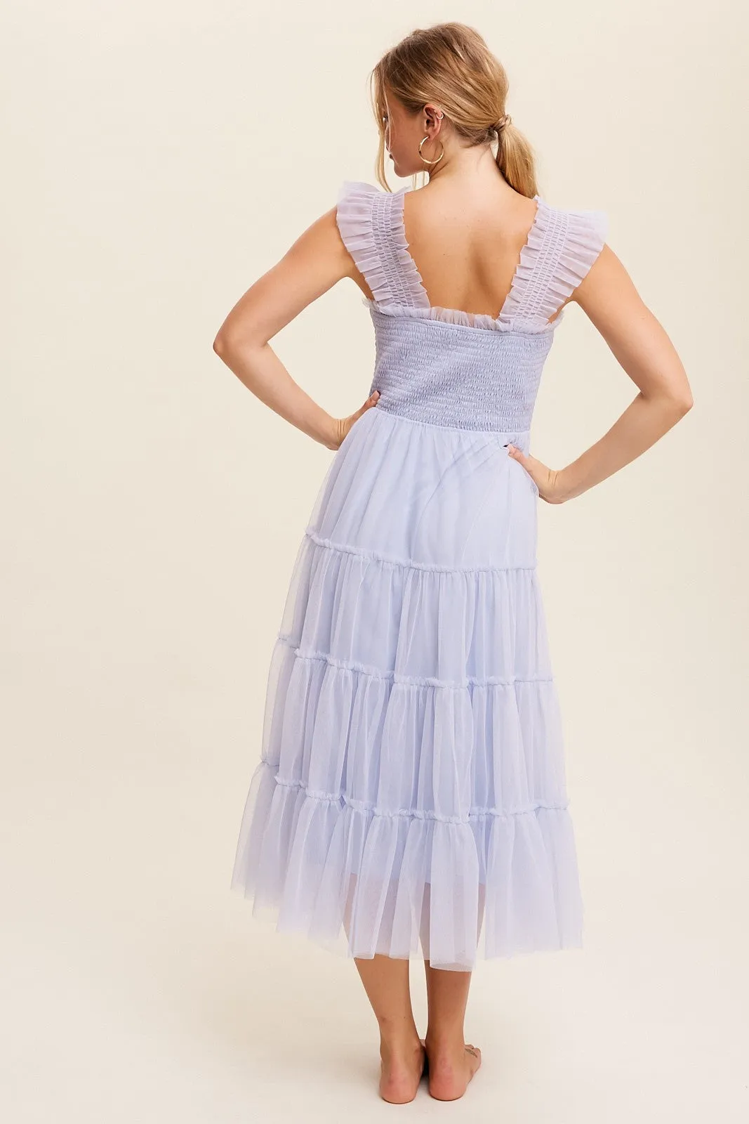 Light Blue Smocked Ruffle Tiered Mesh Midi Dress sold by Pinkblush product image thumbnail 3