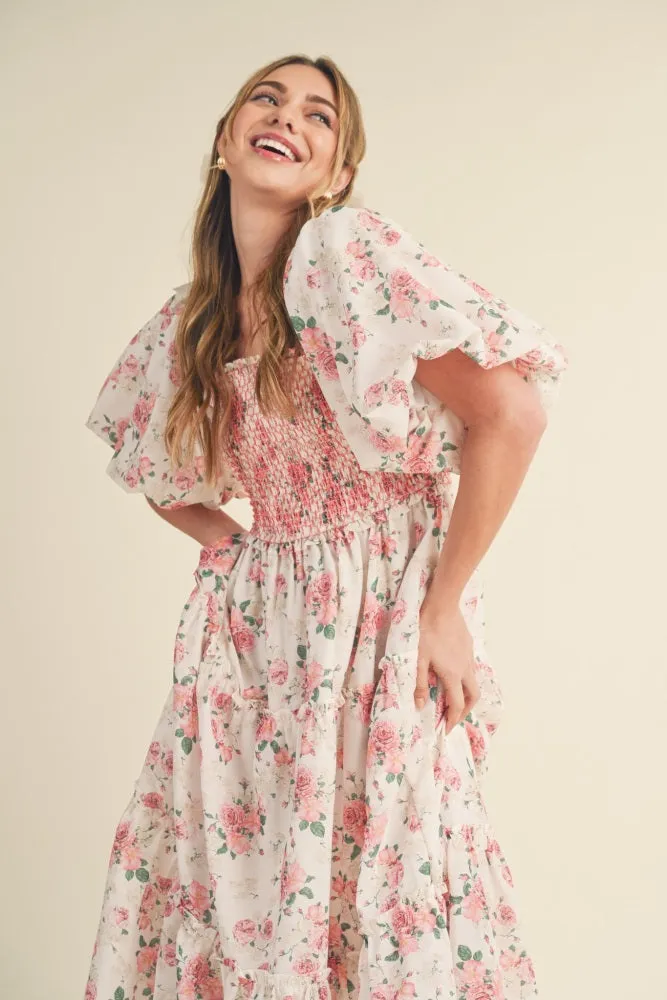 Pink Floral Smocked Puff Sleeve Midi Dress sold by Pinkblush product image thumbnail 4