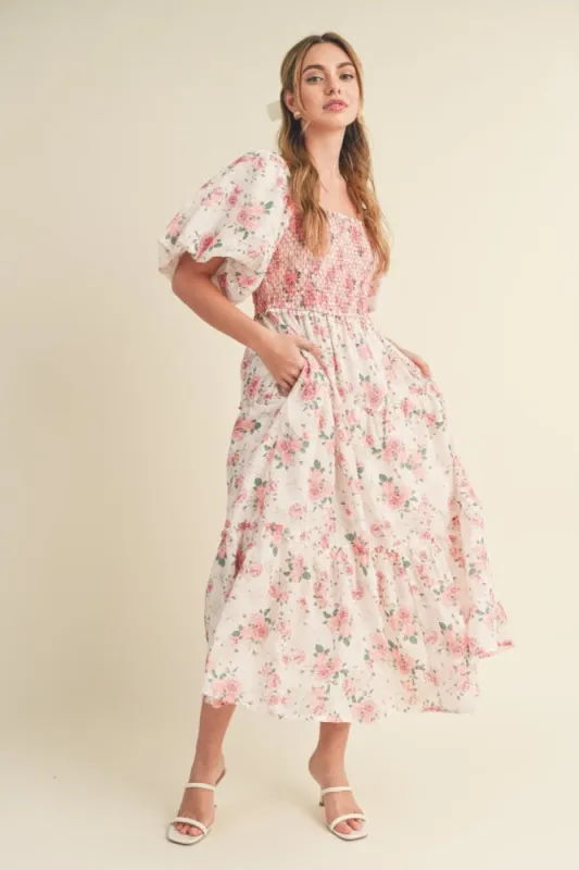 Pink Floral Smocked Puff Sleeve Midi Dress sold by Pinkblush