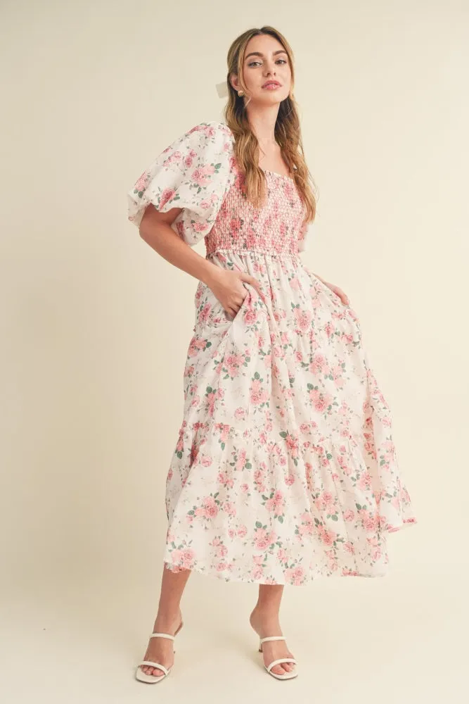Pink Floral Smocked Puff Sleeve Midi Dress sold by Pinkblush