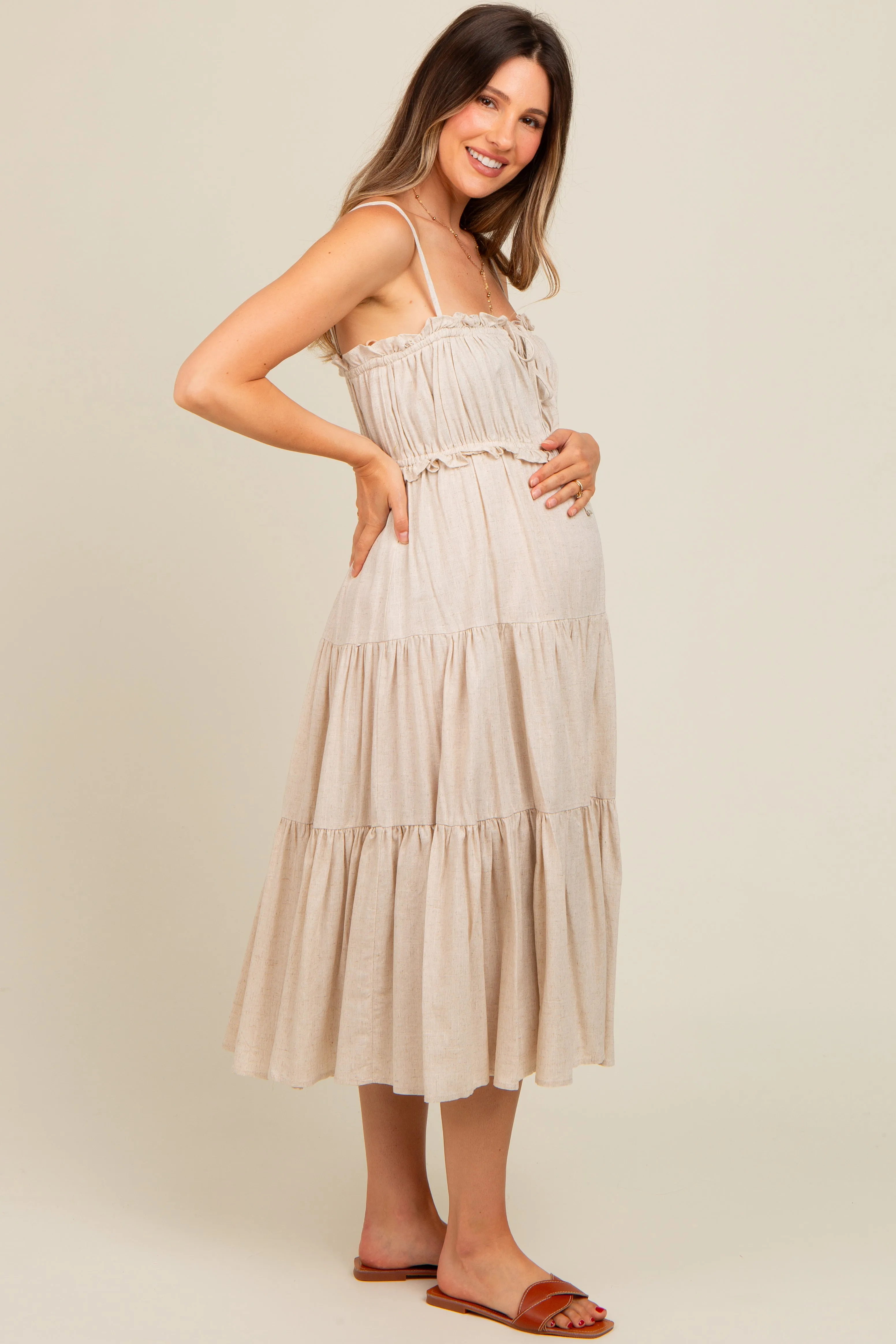 Beige Front Tie Cutout Tiered Maternity Midi Dress sold by Pinkblush product image thumbnail 3