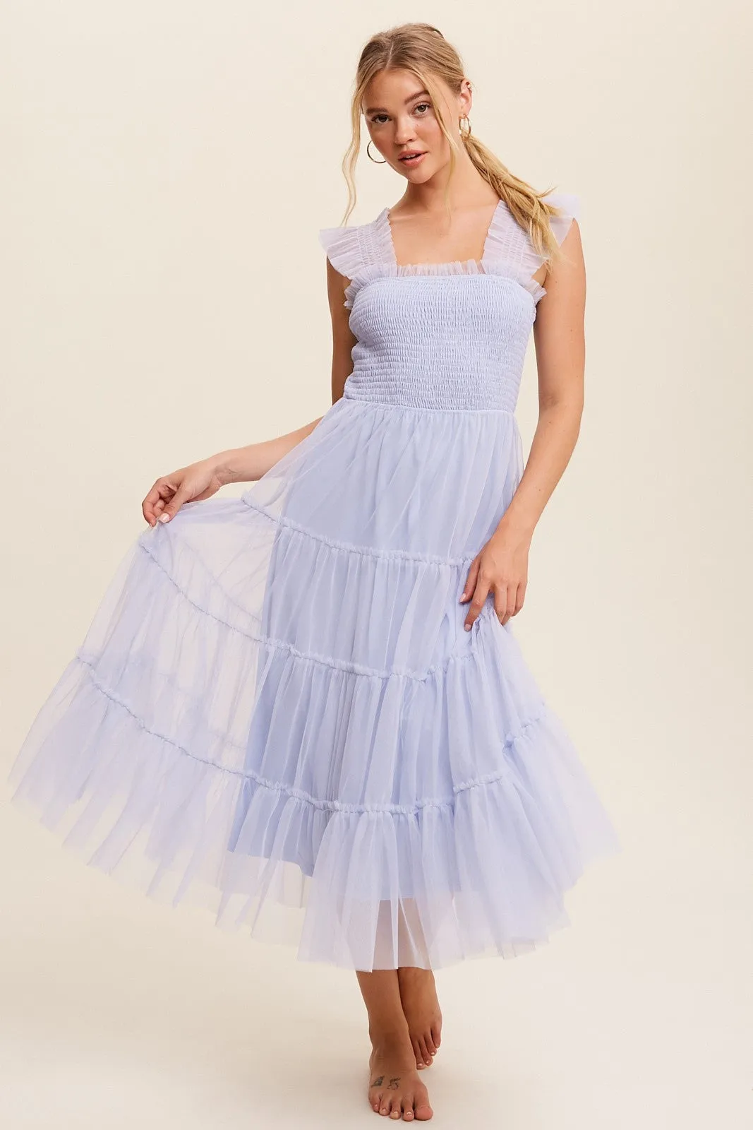 Light Blue Smocked Ruffle Tiered Mesh Midi Dress sold by Pinkblush