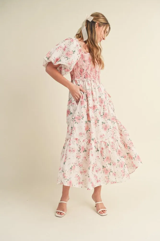Pink Floral Smocked Puff Sleeve Midi Dress sold by Pinkblush product image thumbnail 2