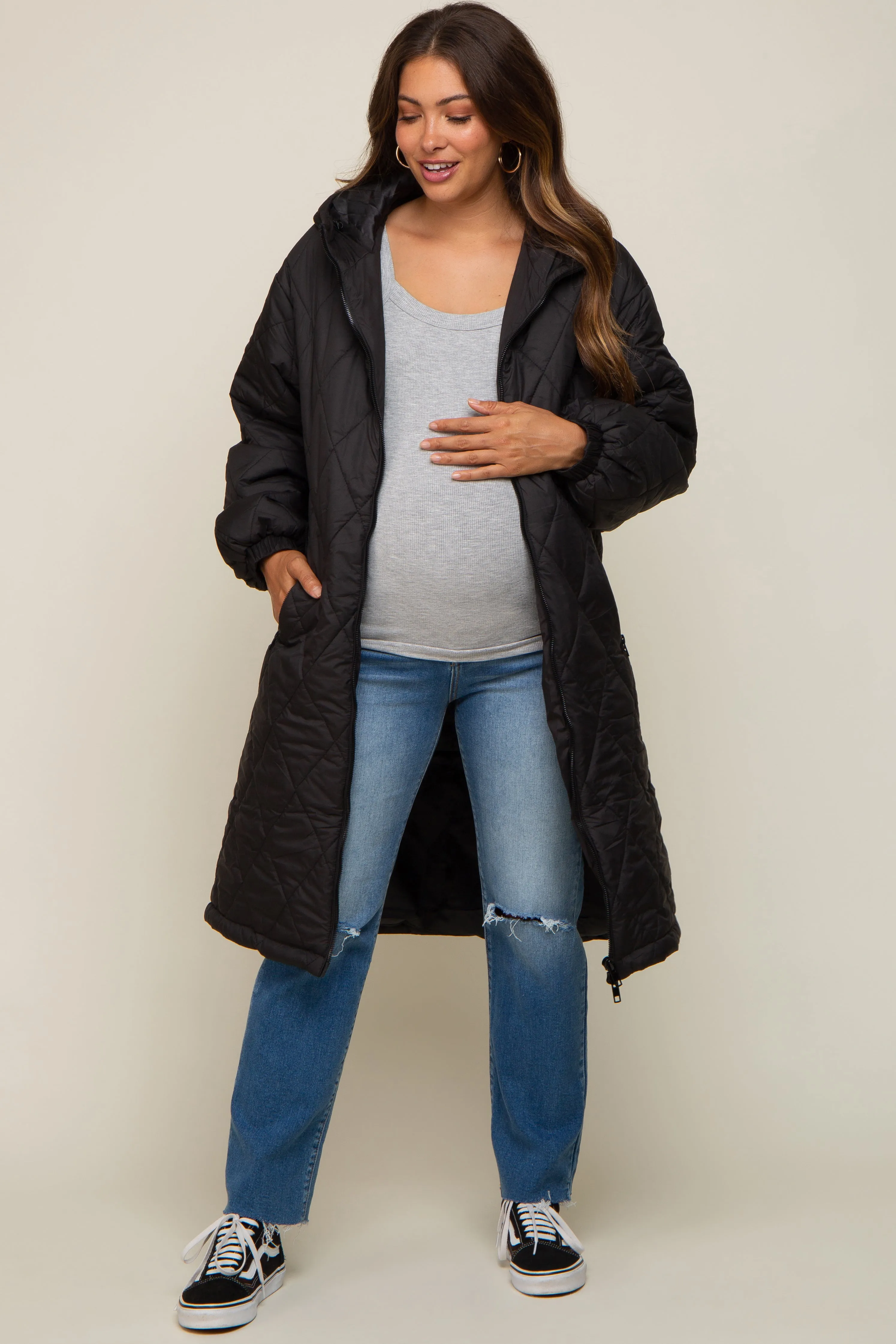 Black Quilted Long Maternity Puffer Jacket sold by Pinkblush product image thumbnail 4
