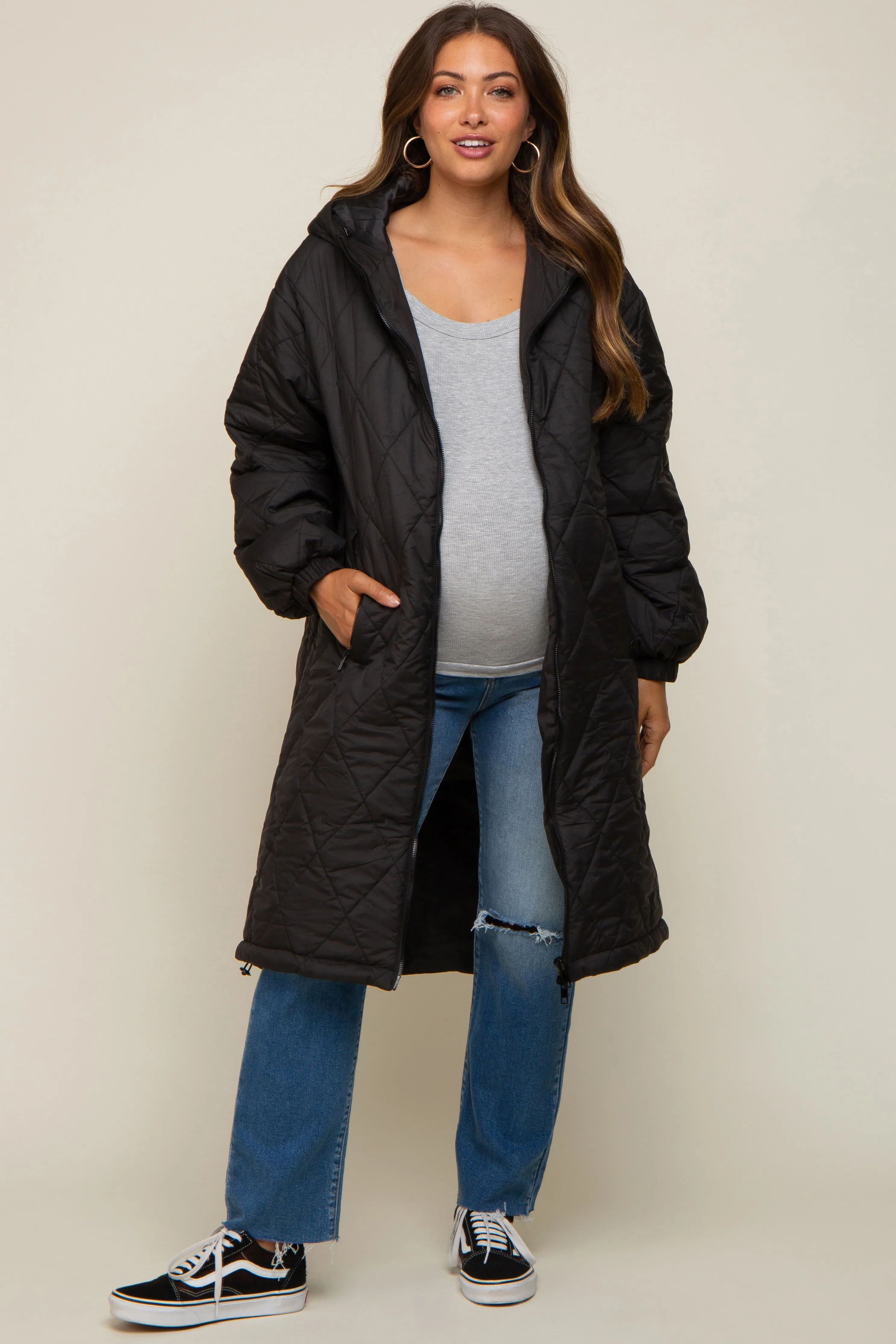 Black Quilted Long Maternity Puffer Jacket sold by Pinkblush