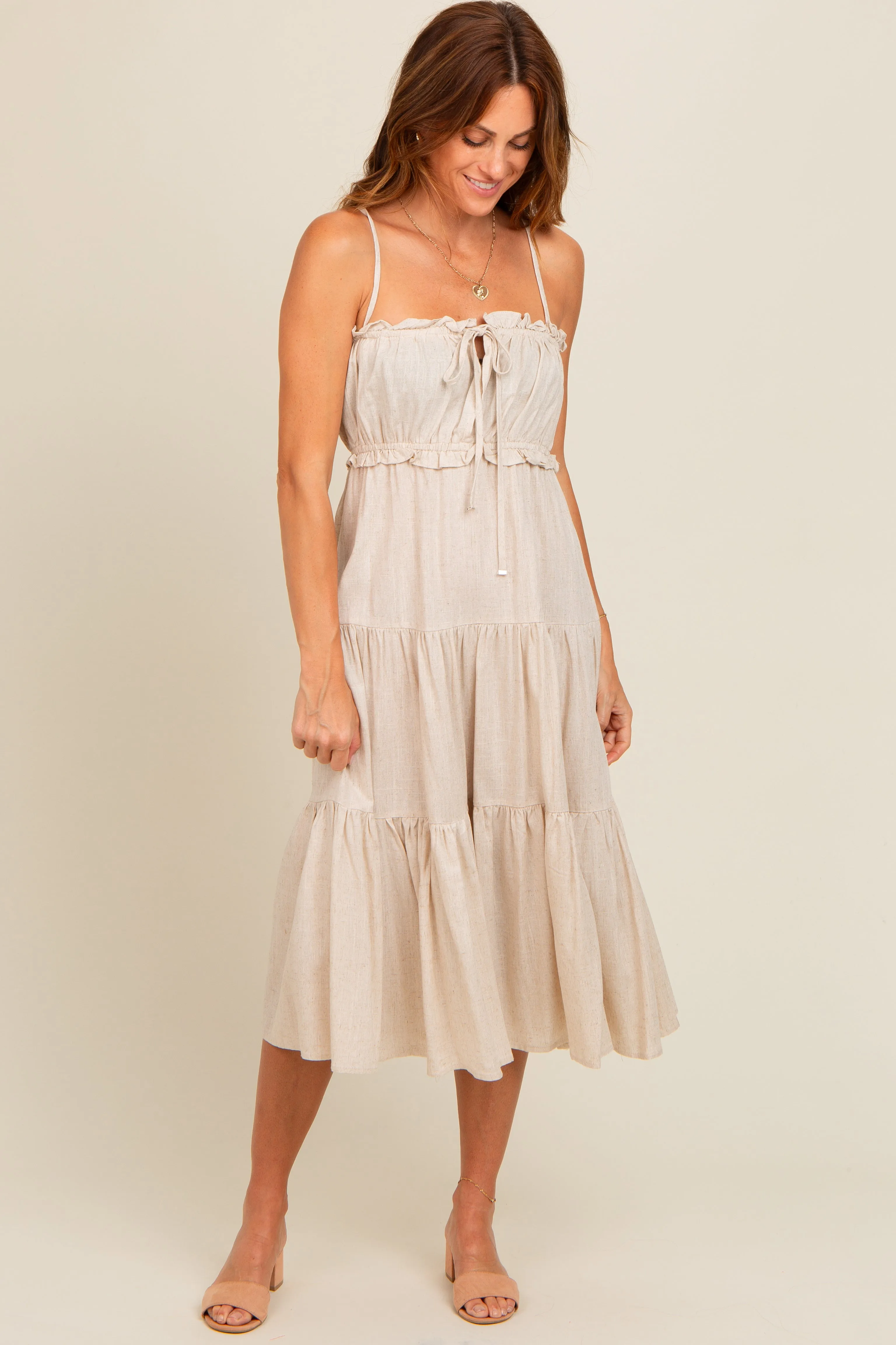 Beige Front Tie Cutout Tiered Maternity Midi Dress sold by Pinkblush product image thumbnail 4