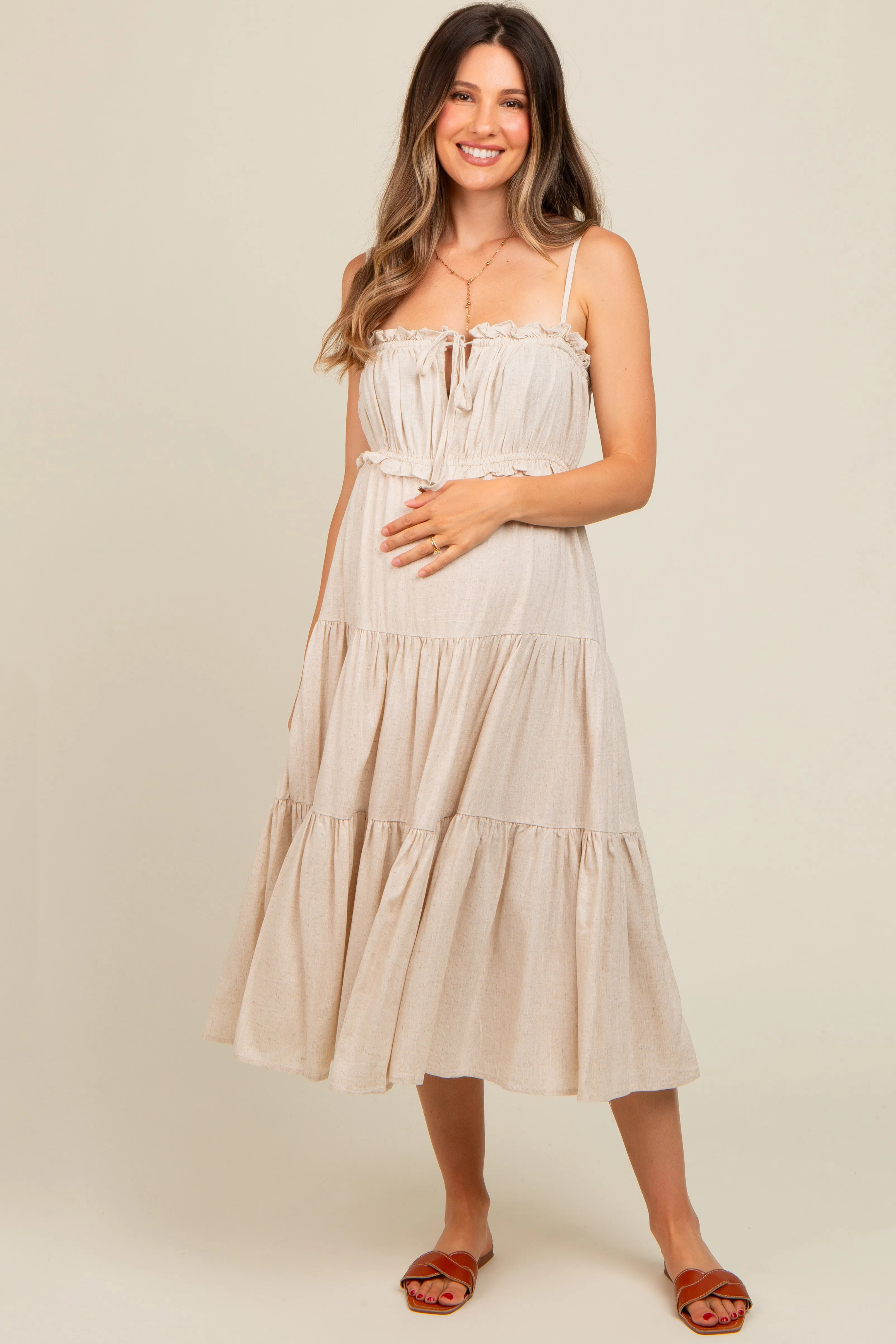 Beige Front Tie Cutout Tiered Maternity Midi Dress sold by Pinkblush