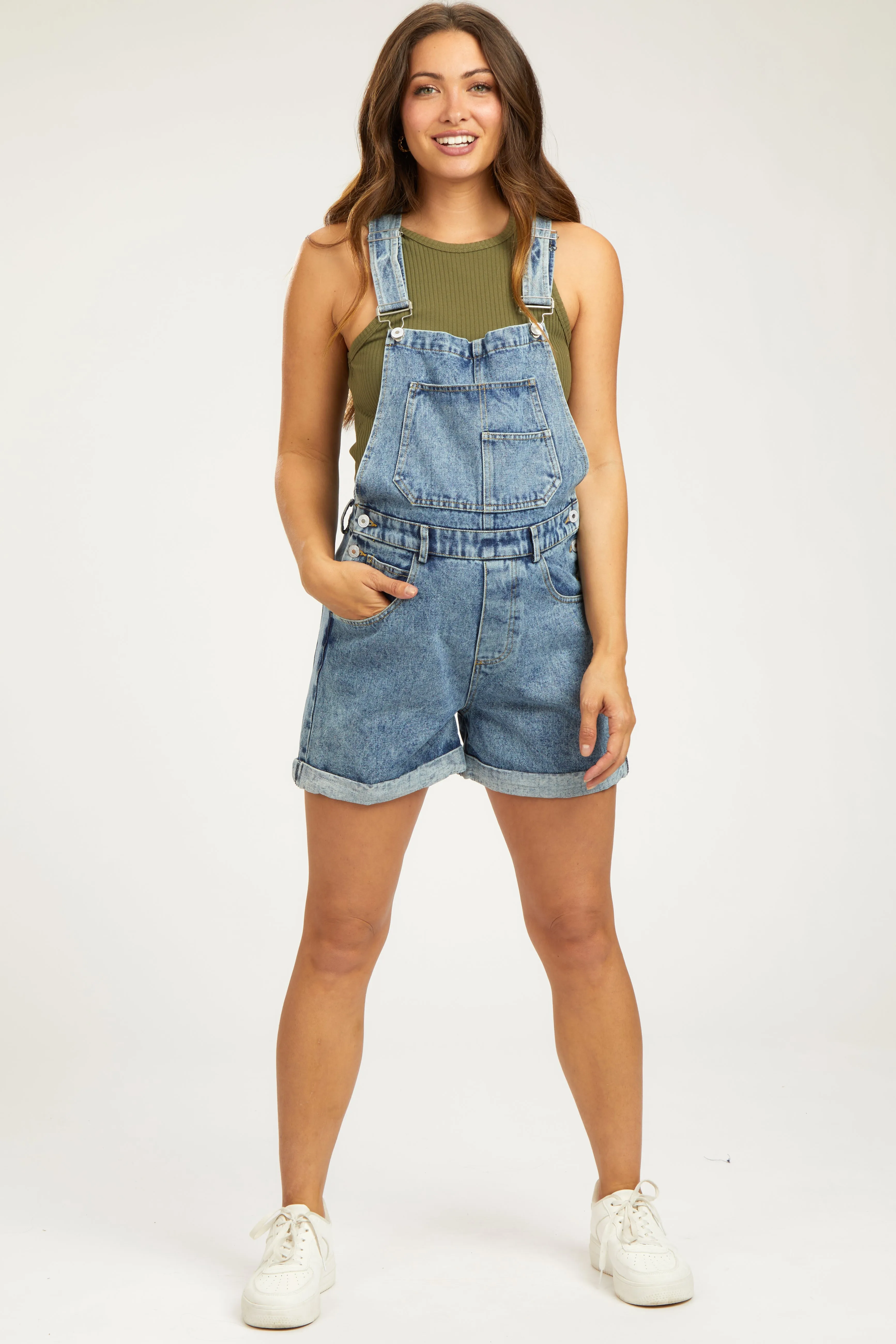 Blue Rolled Hem Maternity Short Overalls sold by Pinkblush