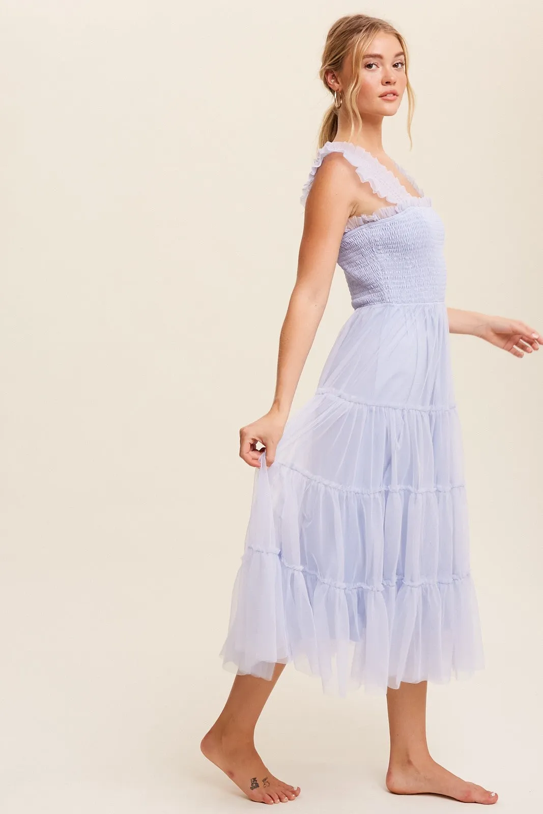 Light Blue Smocked Ruffle Tiered Mesh Midi Dress sold by Pinkblush product image thumbnail 2