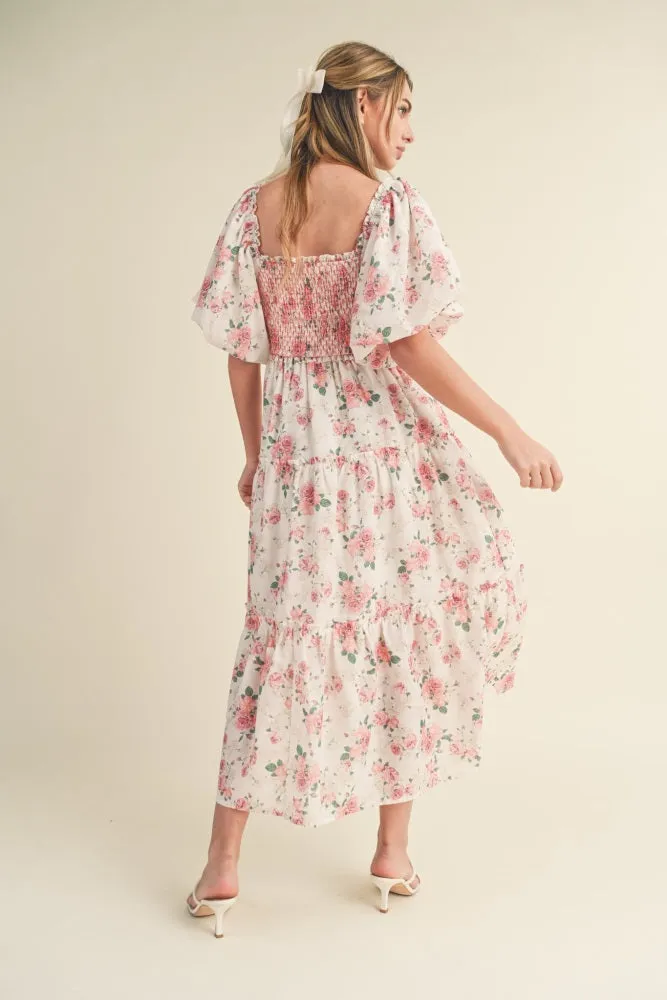 Pink Floral Smocked Puff Sleeve Midi Dress sold by Pinkblush product image thumbnail 3