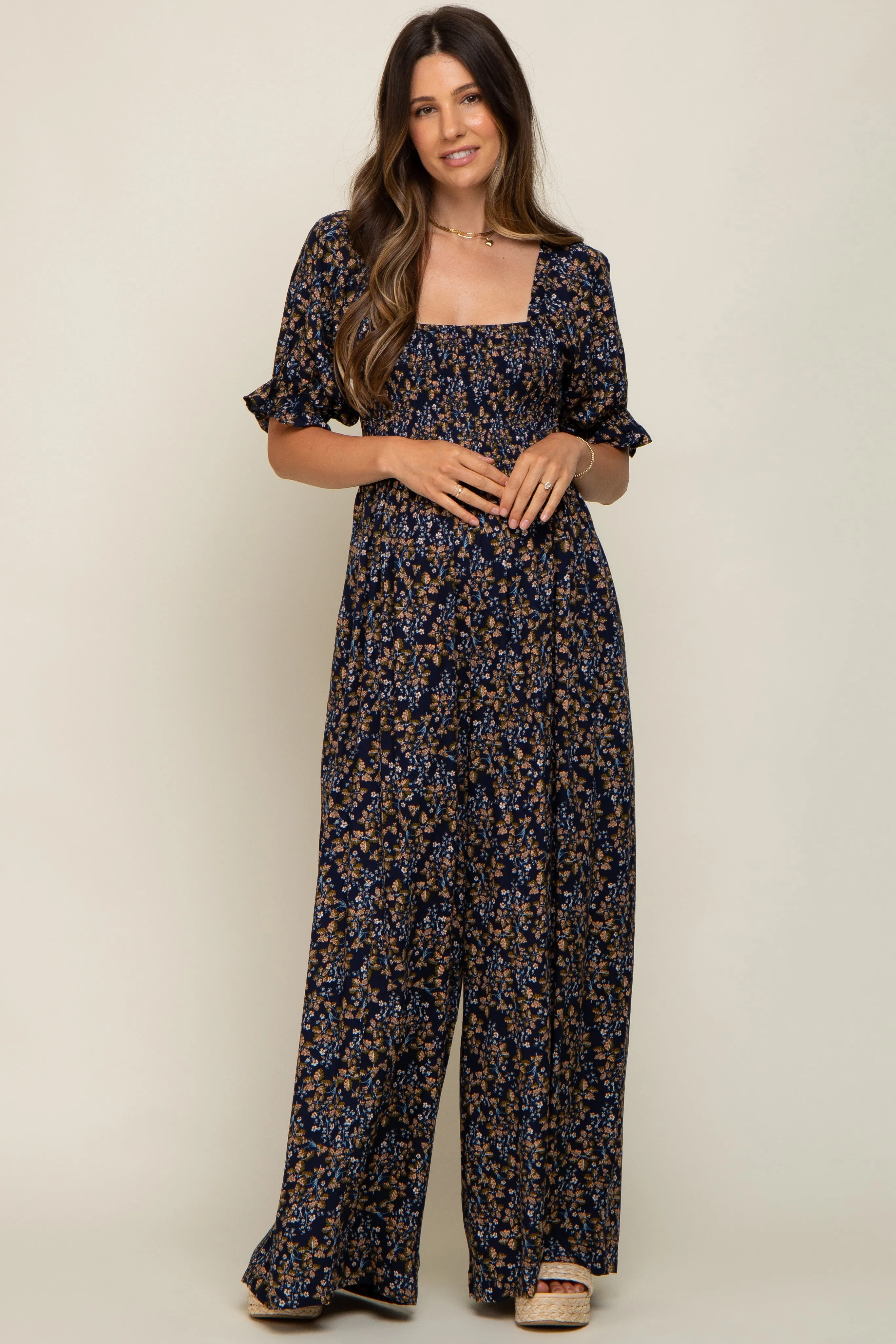 Navy Floral Smocked Maternity Jumpsuit sold by Pinkblush product image thumbnail 4