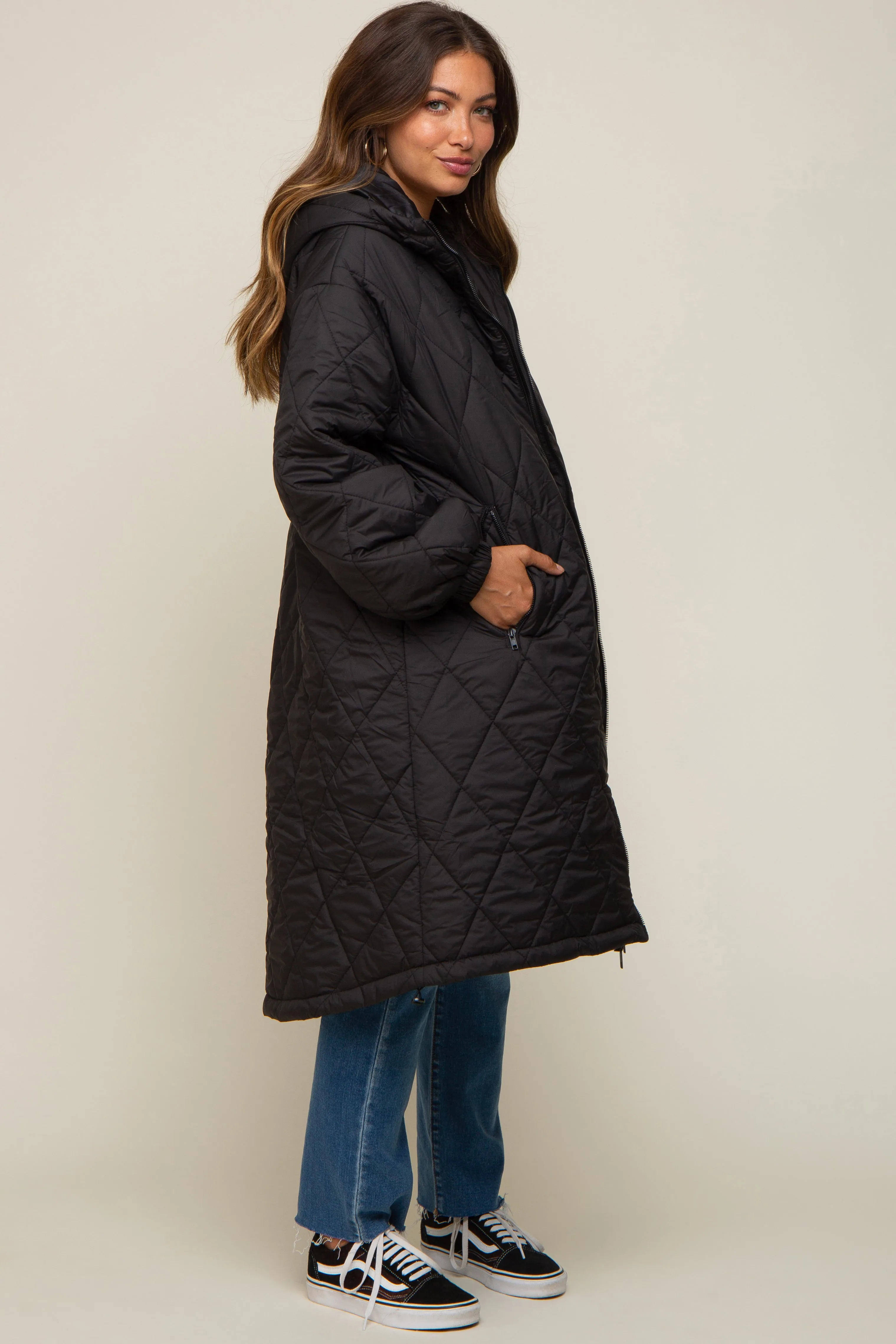 Black Quilted Long Maternity Puffer Jacket sold by Pinkblush product image thumbnail 2