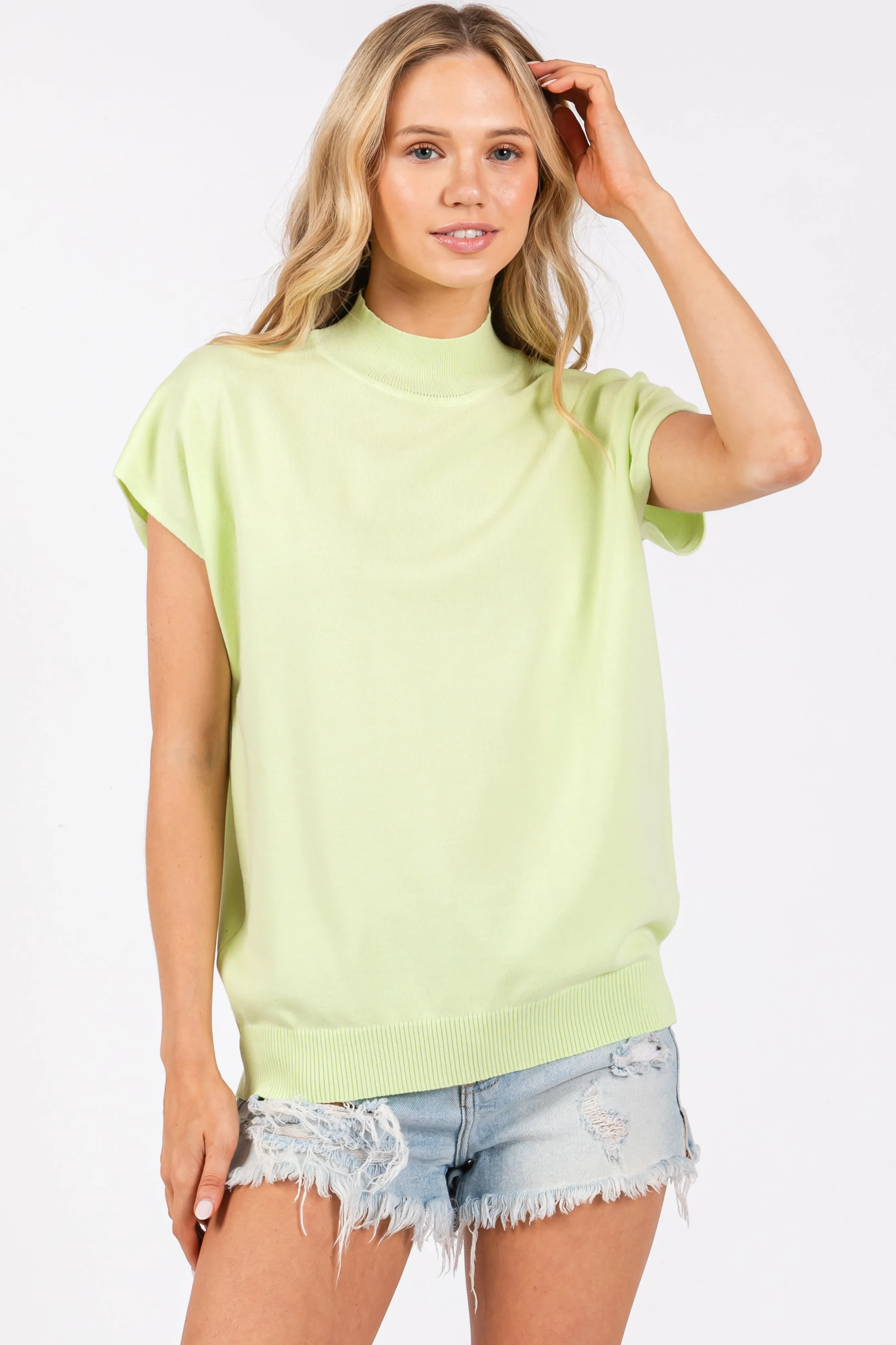 Lime Mock Neck Knit Top sold by Pinkblush