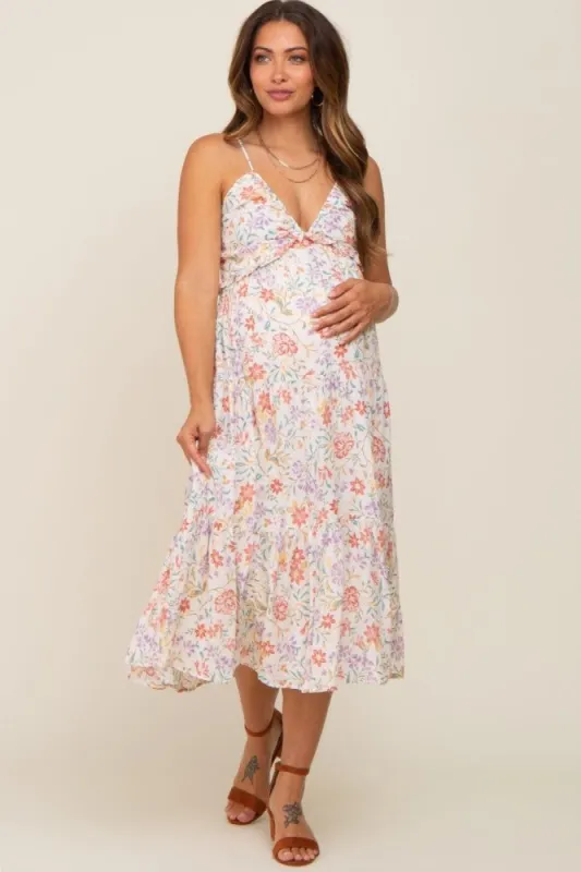 Lavender Floral Tiered Maternity Midi Dress sold by Pinkblush