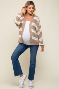 Taupe Striped Open Knit Maternity Cardigan sold by Pinkblush