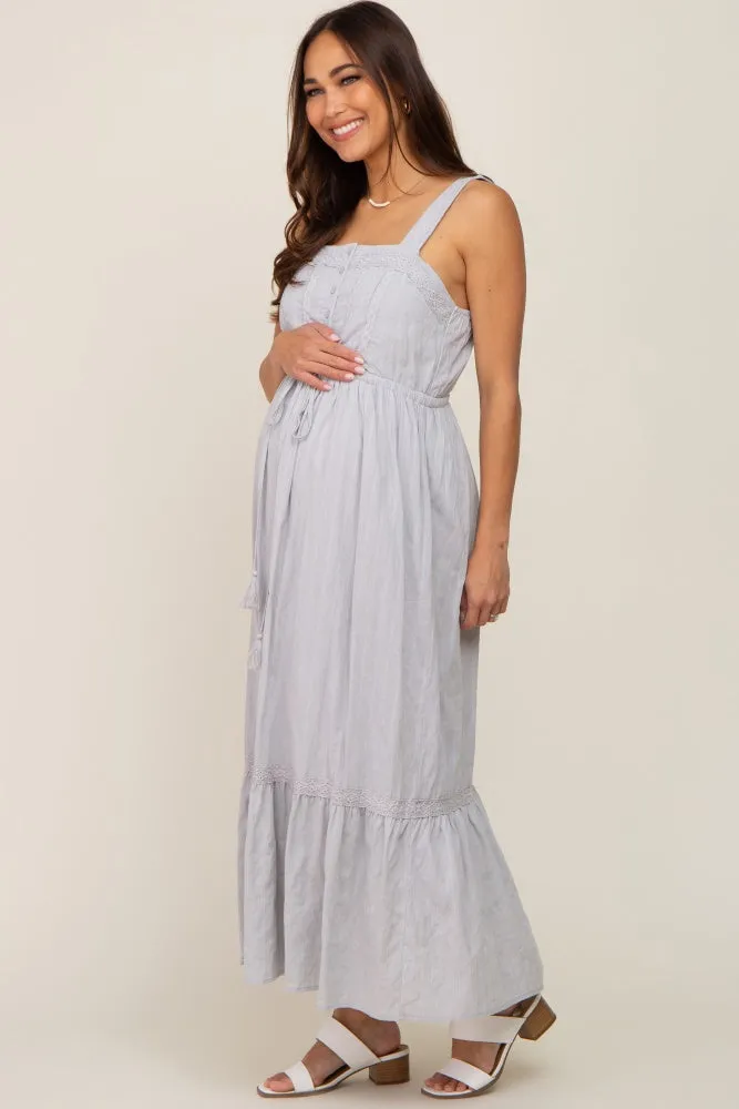 Grey Crochet Trim Button Front Maternity Midi Dress sold by Pinkblush product image thumbnail 3