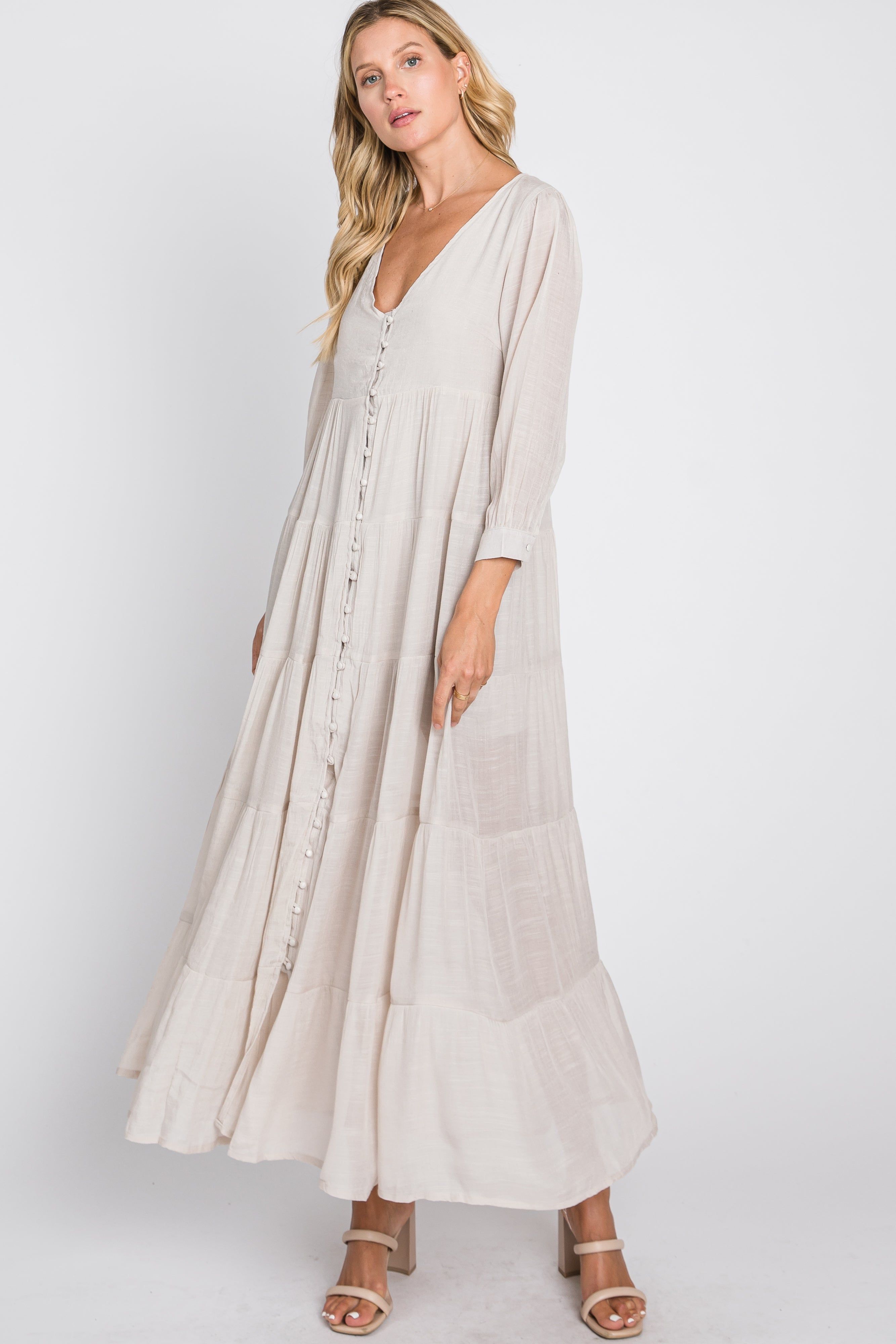 Ivory Button Front Tiered Maxi Dress sold by Pinkblush product image thumbnail 3