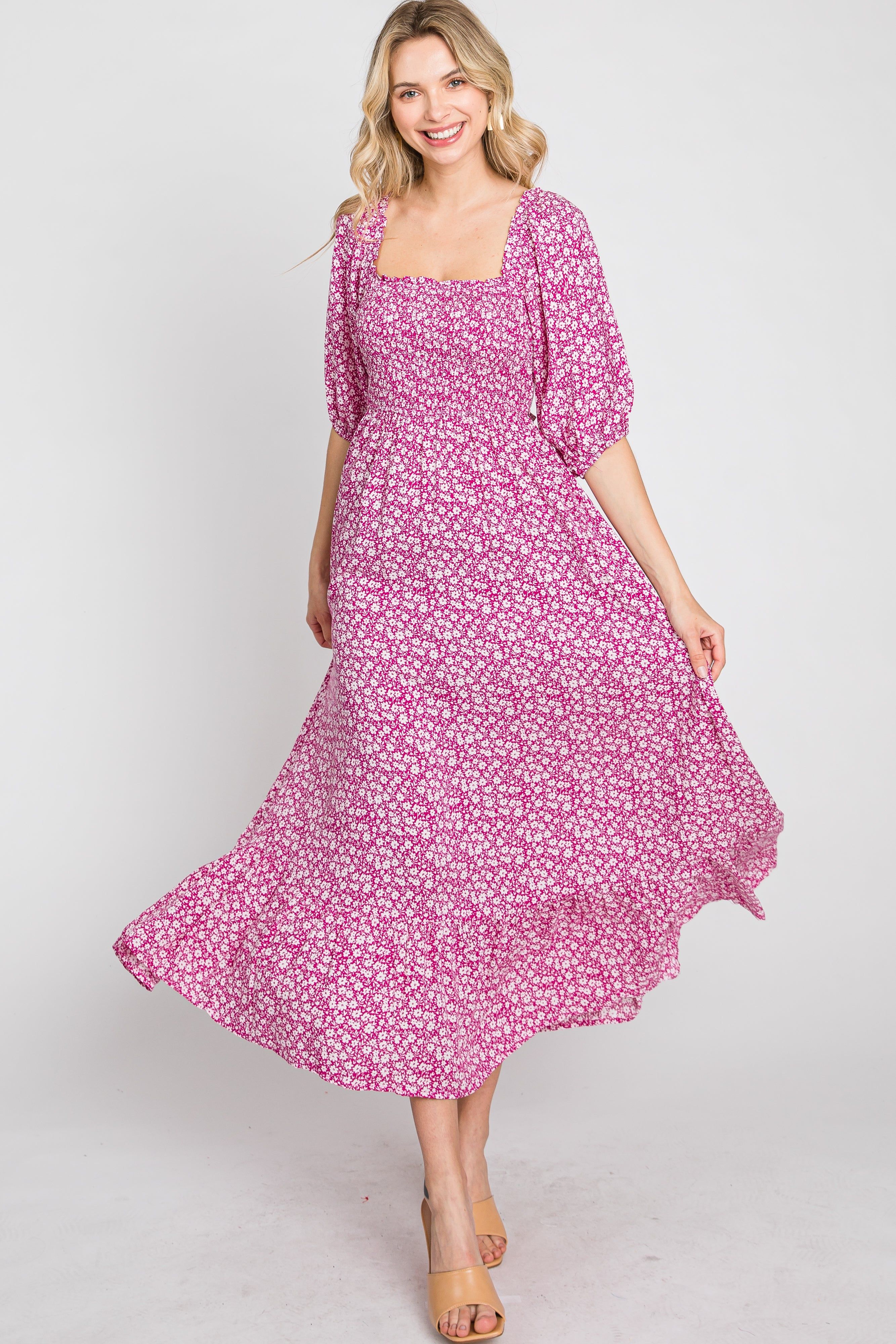 Fuchsia Floral Smocked Maxi Dress sold by Pinkblush product image thumbnail 9