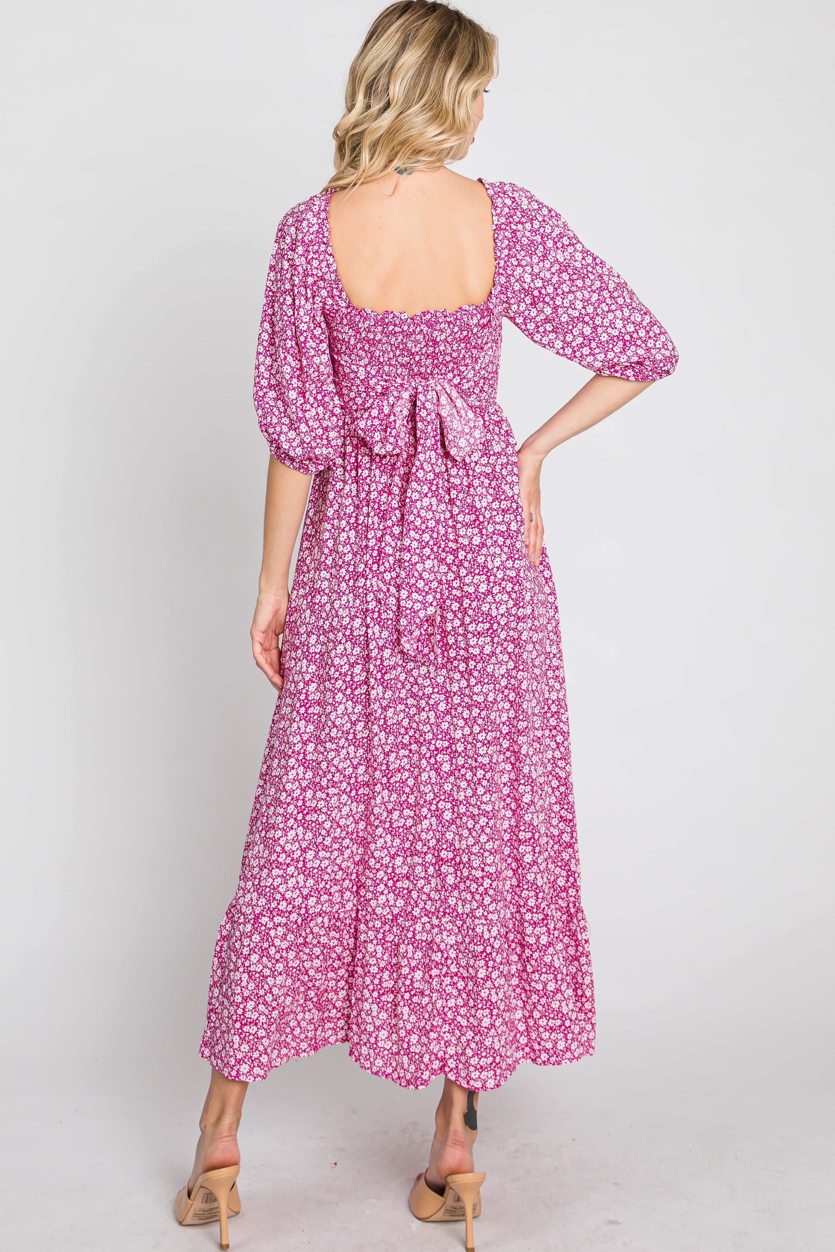 Fuchsia Floral Smocked Maxi Dress sold by Pinkblush product image thumbnail 7