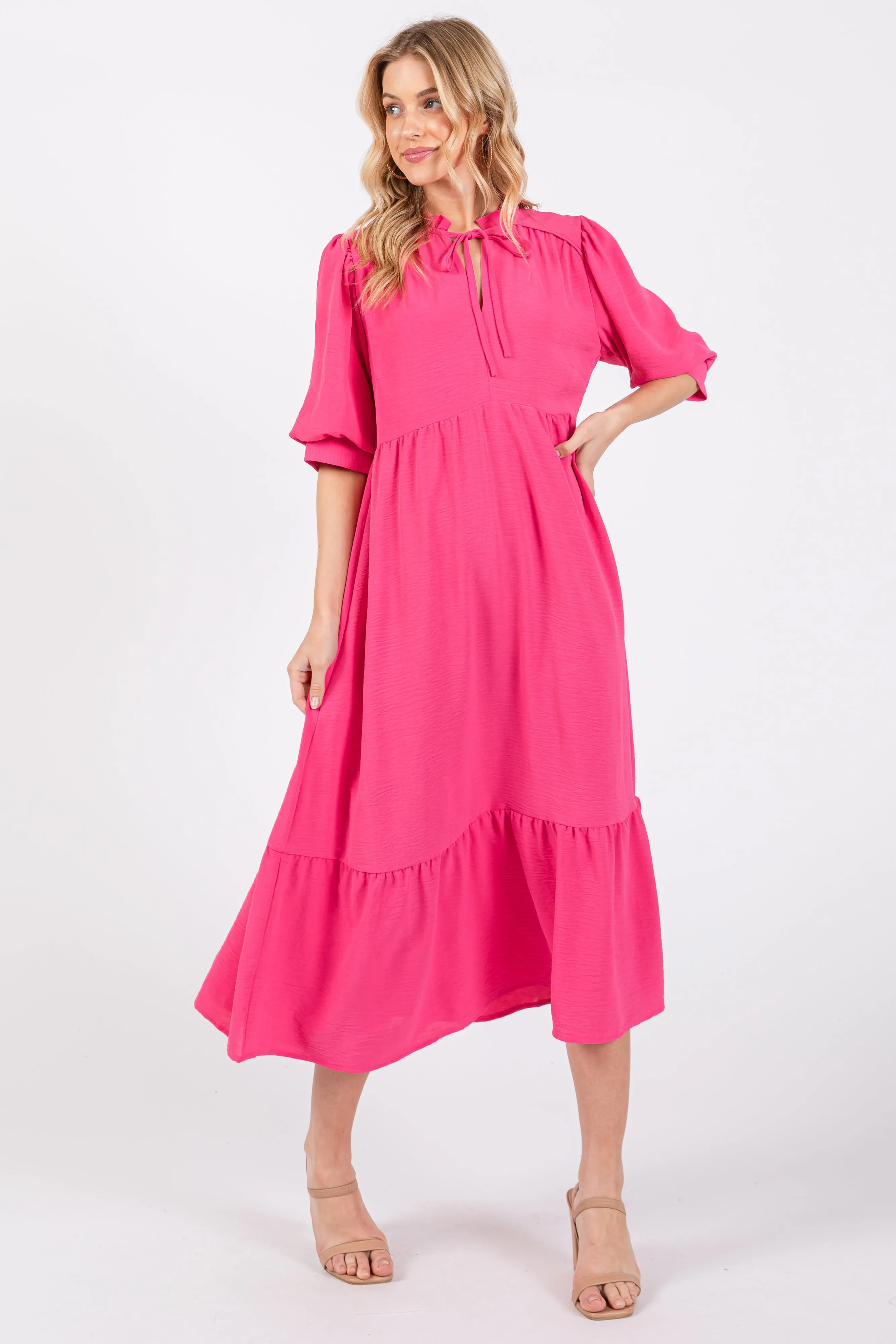 Fuchsia Balloon Sleeve Split Neck Midi Dress sold by Pinkblush