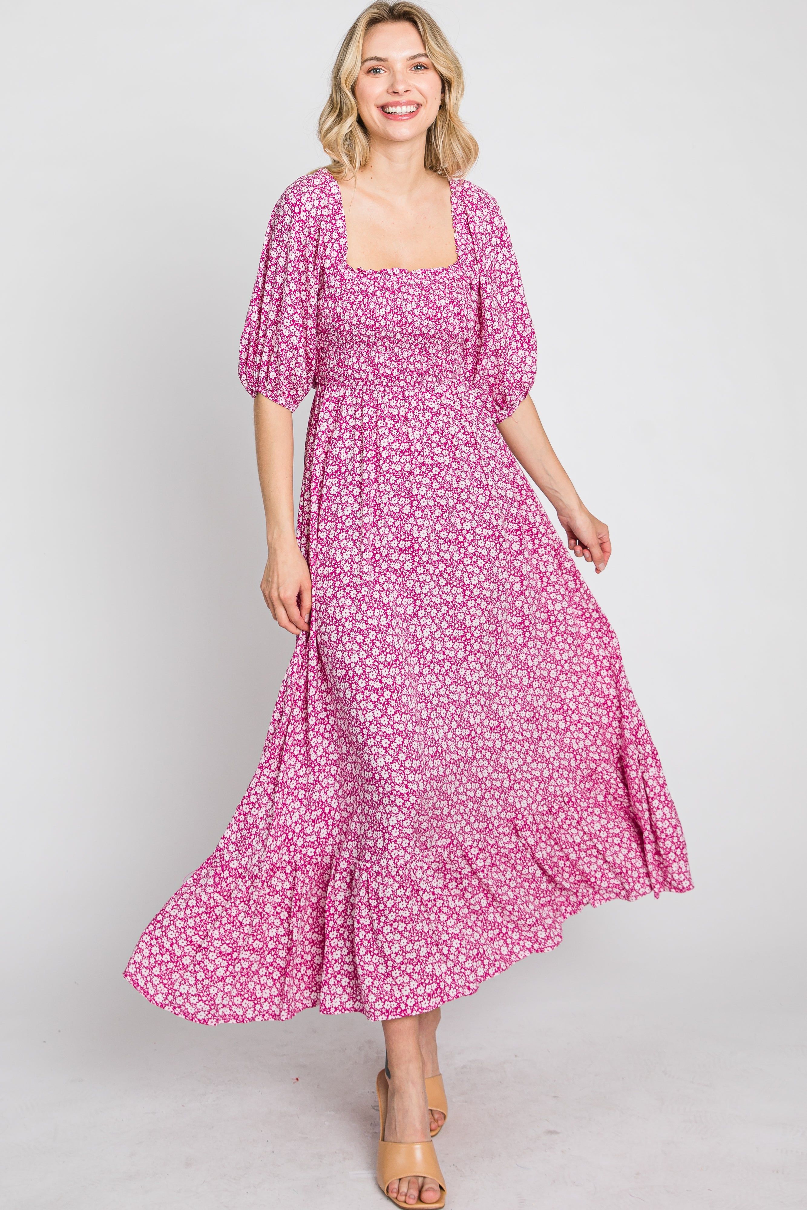 Fuchsia Floral Smocked Maxi Dress sold by Pinkblush product image thumbnail 4