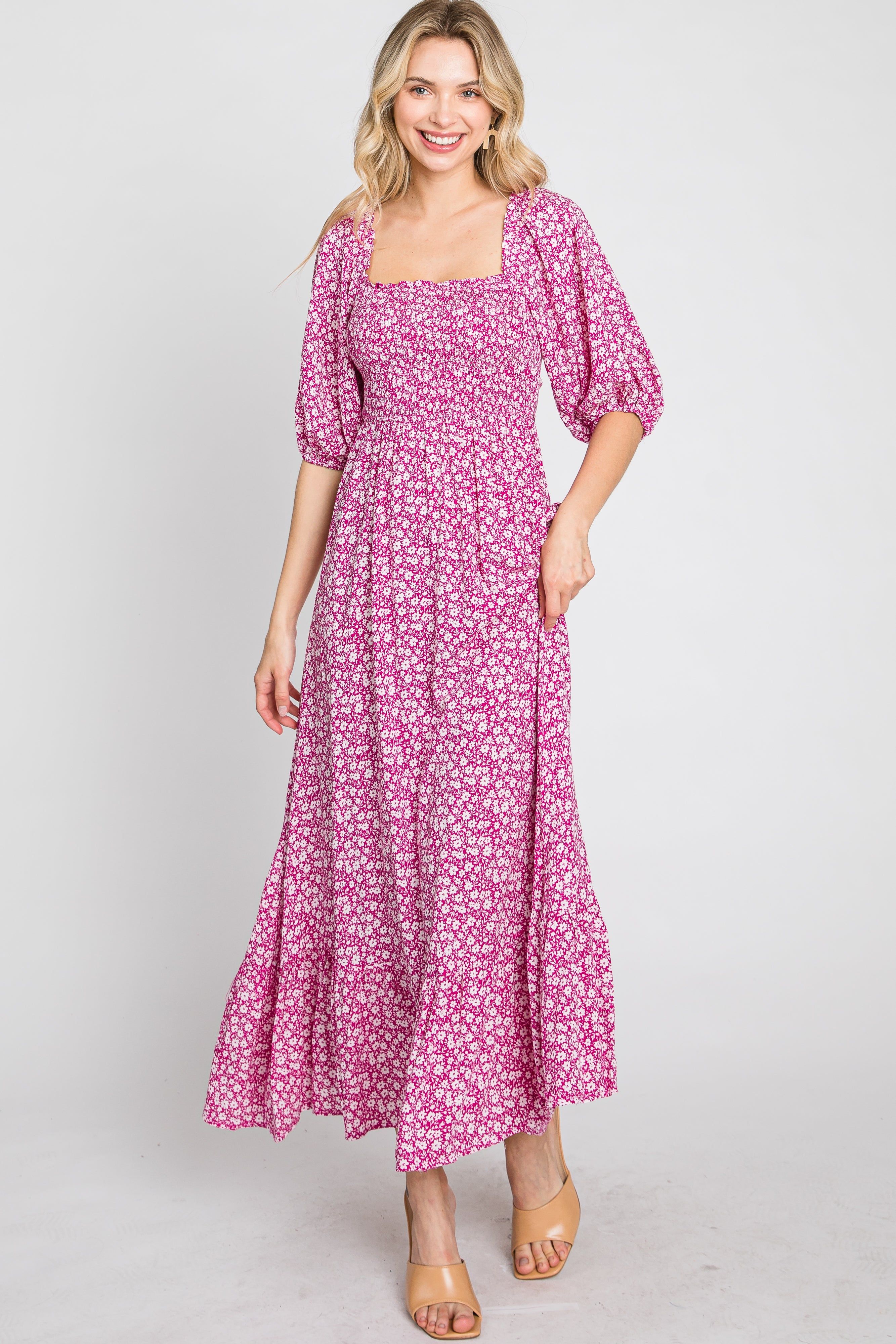Fuchsia Floral Smocked Maxi Dress sold by Pinkblush
