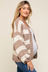 Taupe Striped Open Knit Maternity Cardigan sold by Pinkblush