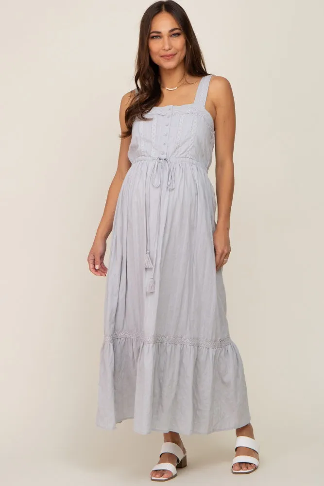 Grey Crochet Trim Button Front Maternity Midi Dress sold by Pinkblush