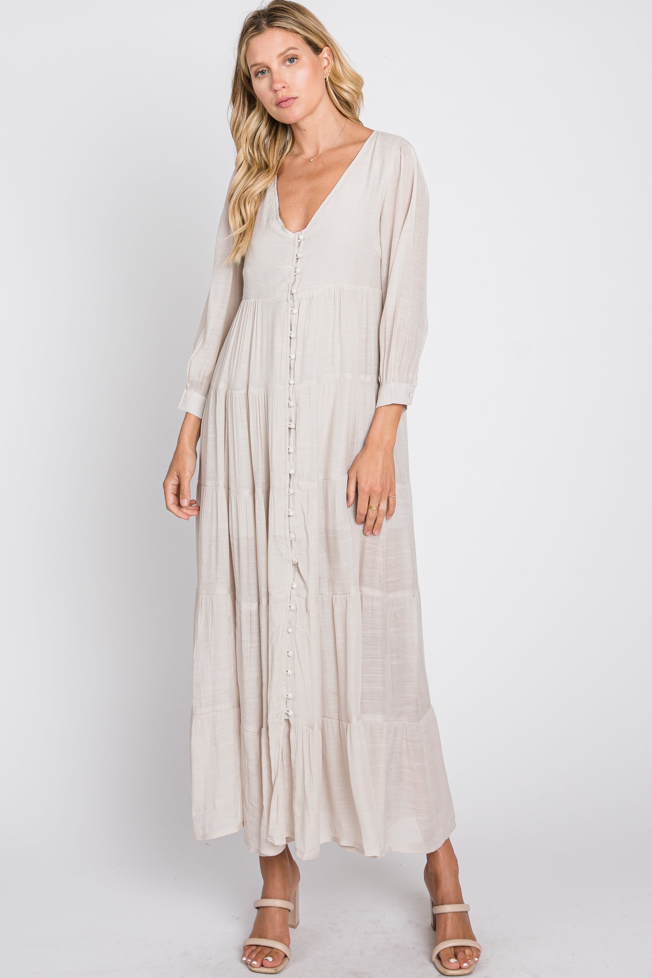 Ivory Button Front Tiered Maxi Dress sold by Pinkblush