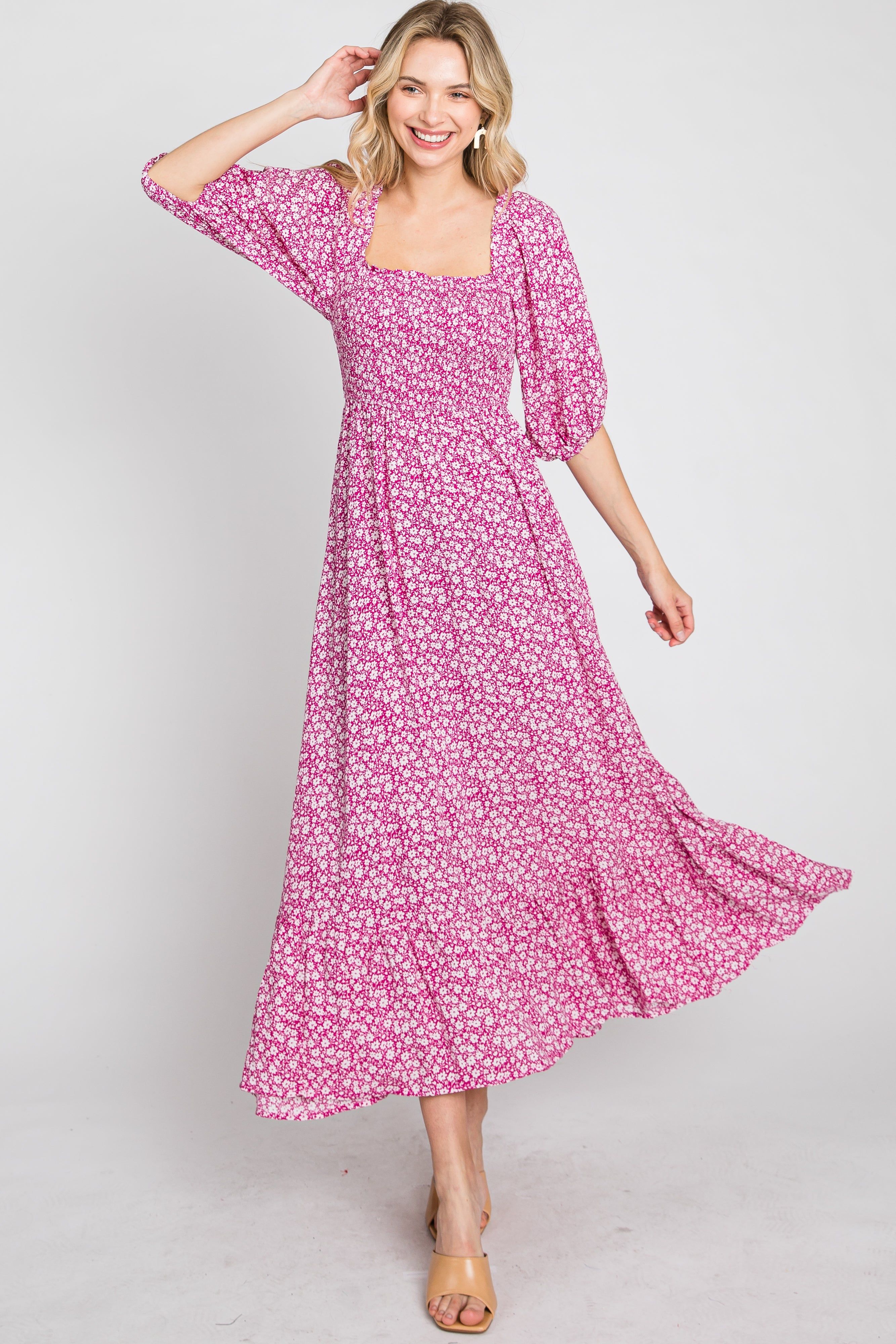 Fuchsia Floral Smocked Maxi Dress sold by Pinkblush product image thumbnail 10