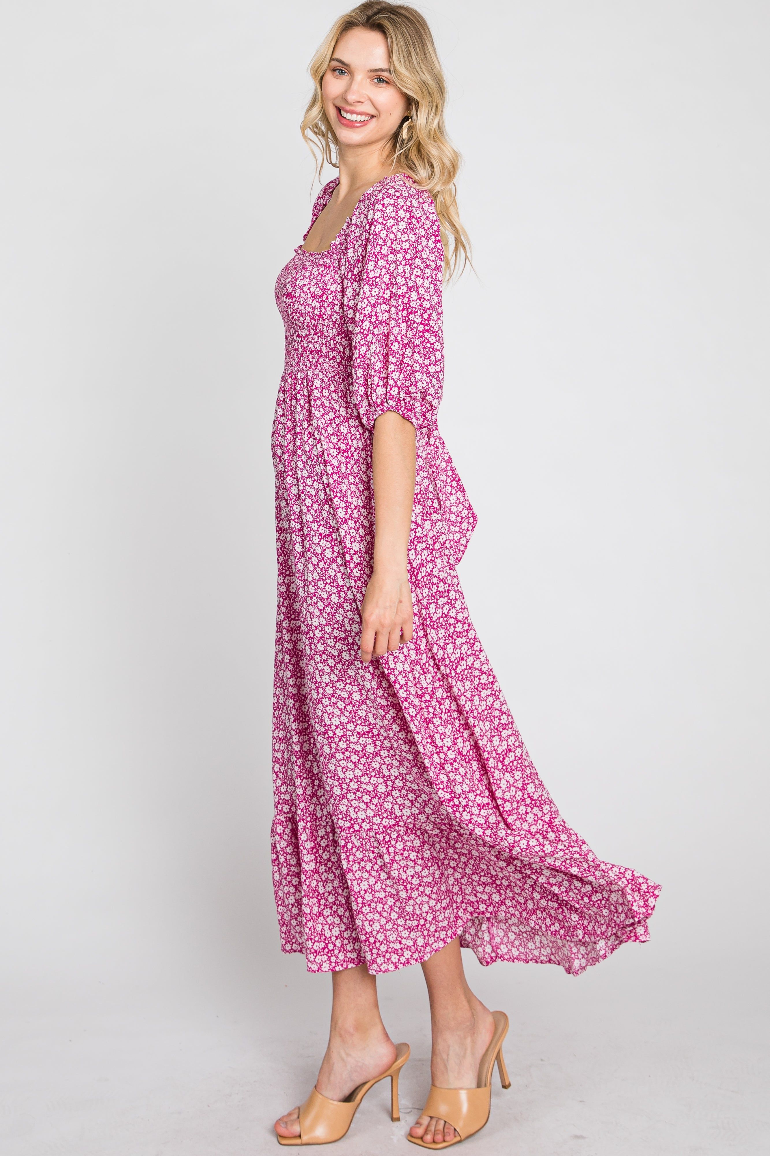 Fuchsia Floral Smocked Maxi Dress sold by Pinkblush product image thumbnail 5