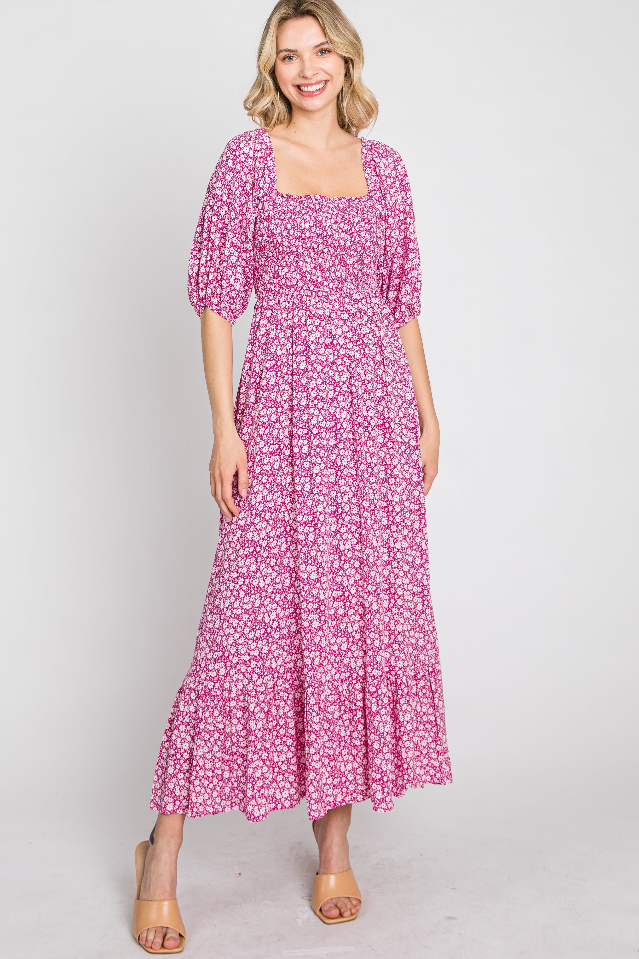 Fuchsia Floral Smocked Maxi Dress sold by Pinkblush product image thumbnail 2