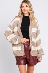 Taupe Striped Open Knit Maternity Cardigan sold by Pinkblush
