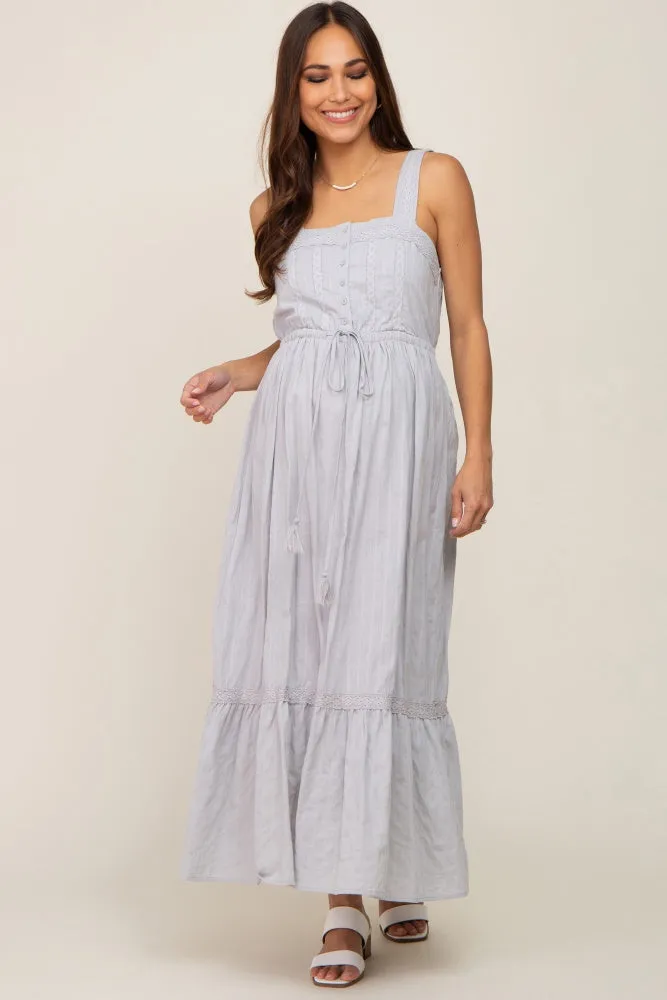 Grey Crochet Trim Button Front Maternity Midi Dress sold by Pinkblush product image thumbnail 2
