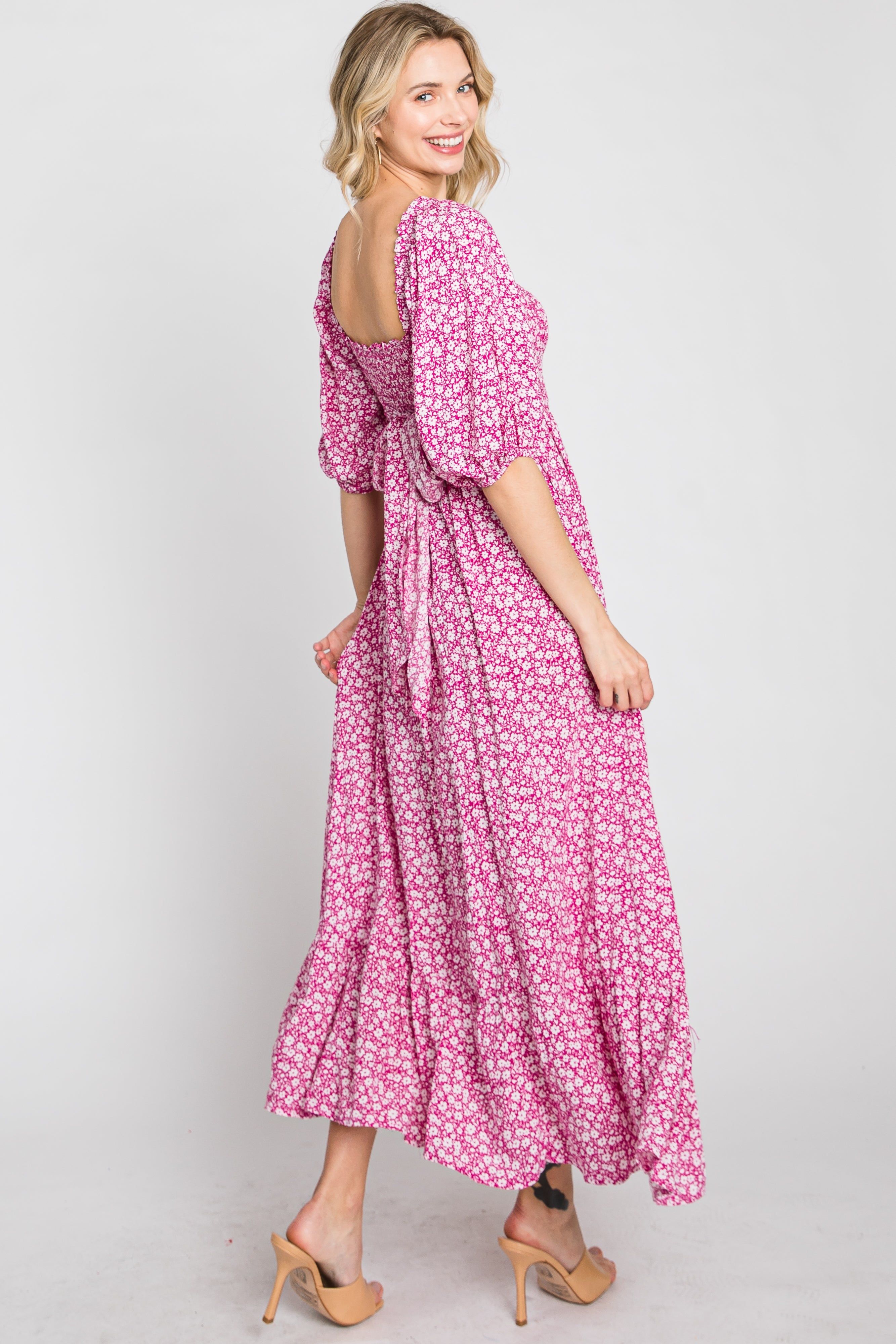 Fuchsia Floral Smocked Maxi Dress sold by Pinkblush product image thumbnail 11