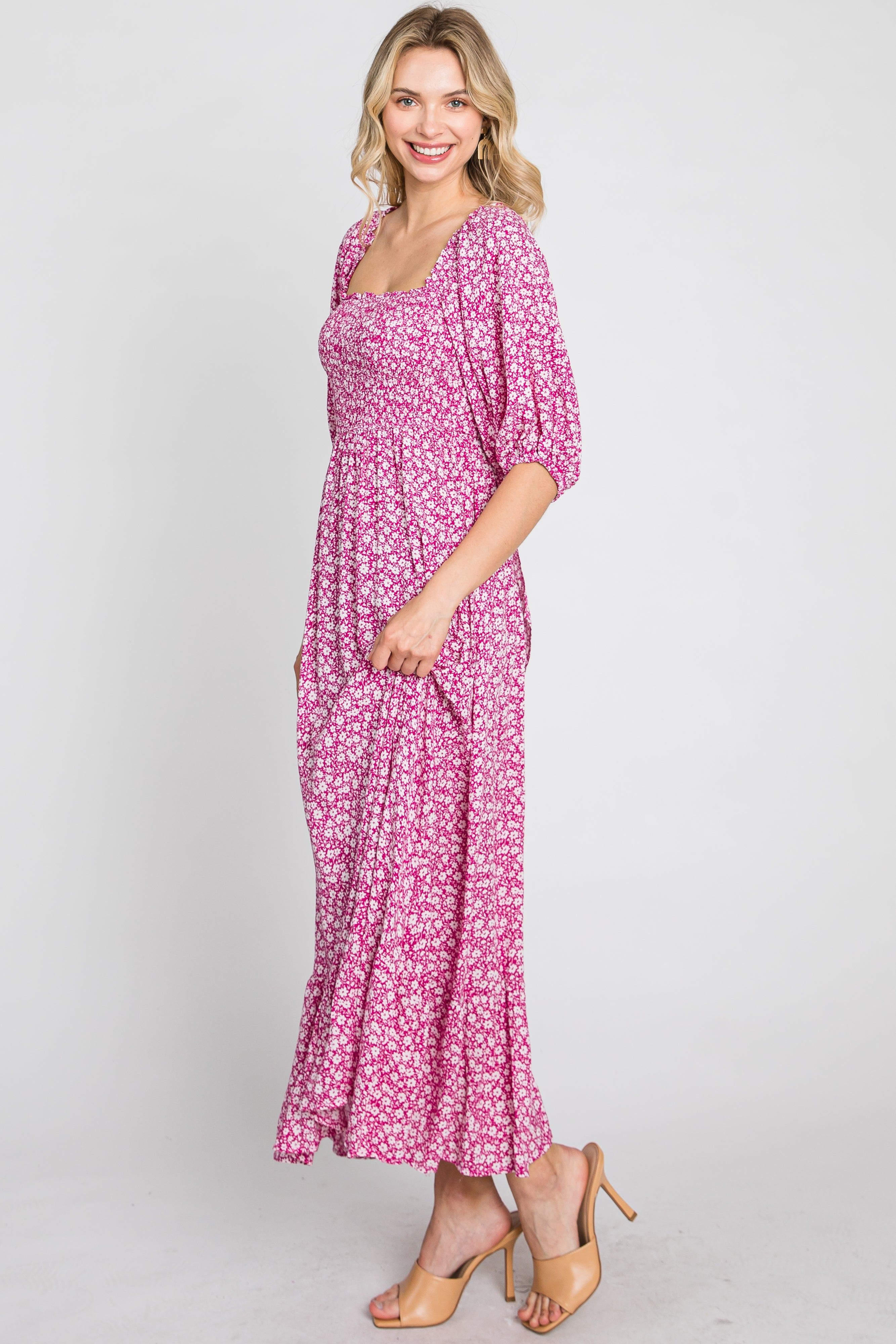 Fuchsia Floral Smocked Maxi Dress sold by Pinkblush product image thumbnail 6