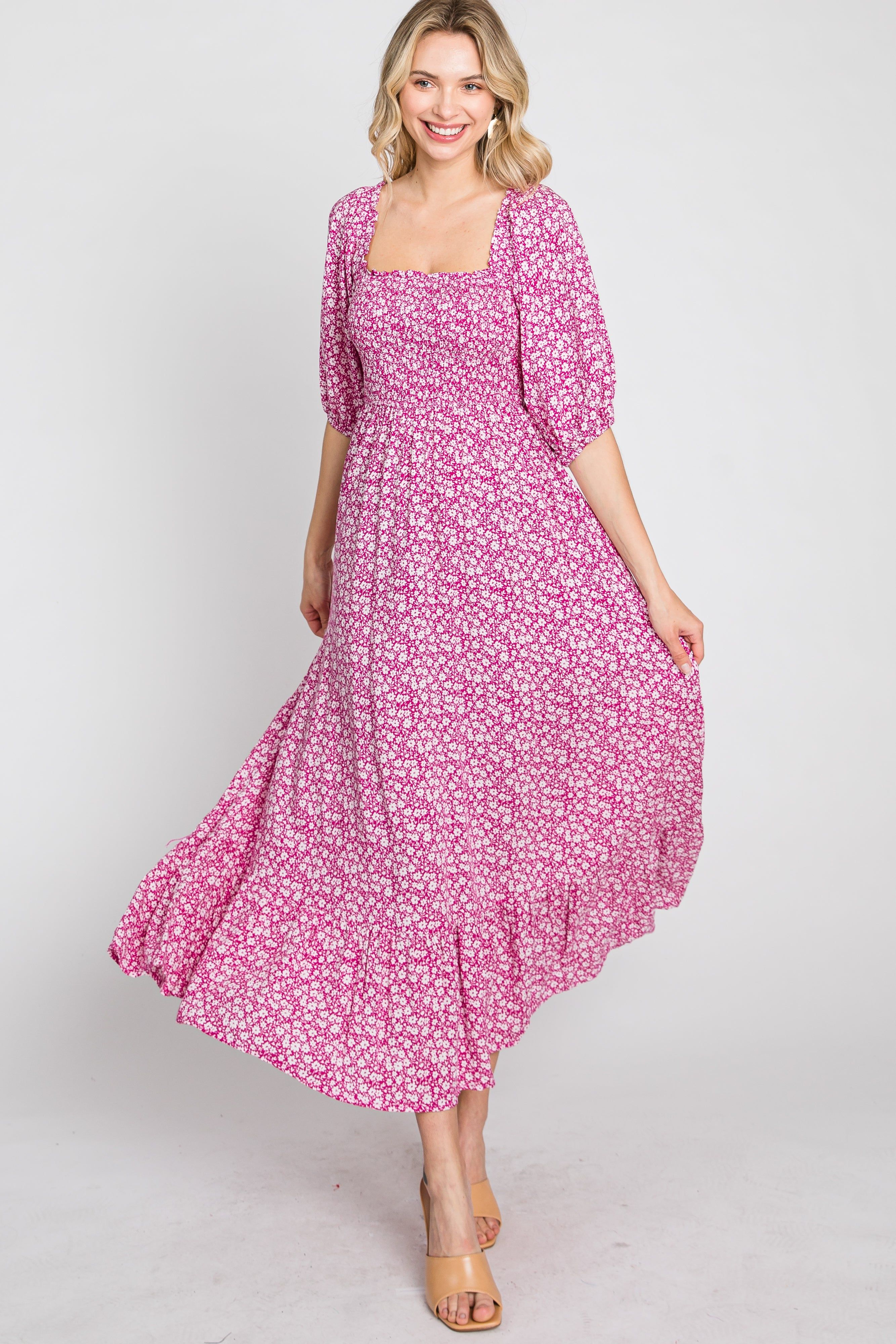 Fuchsia Floral Smocked Maxi Dress sold by Pinkblush product image thumbnail 3