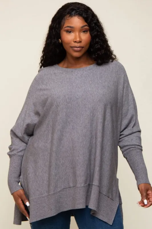 Charcoal Dolman Sleeve Side Slit Plus Sweater sold by Pinkblush