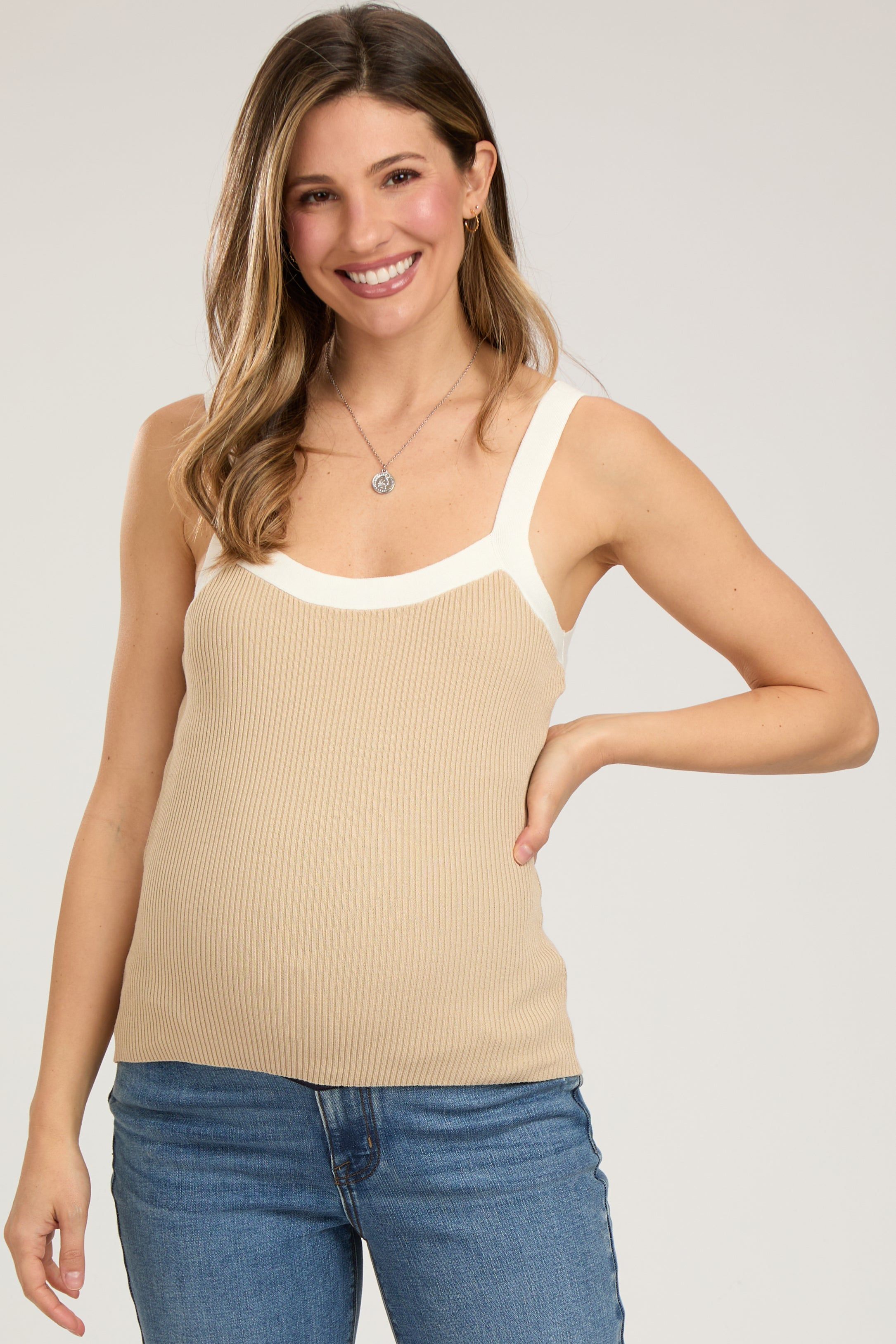 Taupe Ribbed Square Neck Contrast Strap Maternity Top sold by Pinkblush
