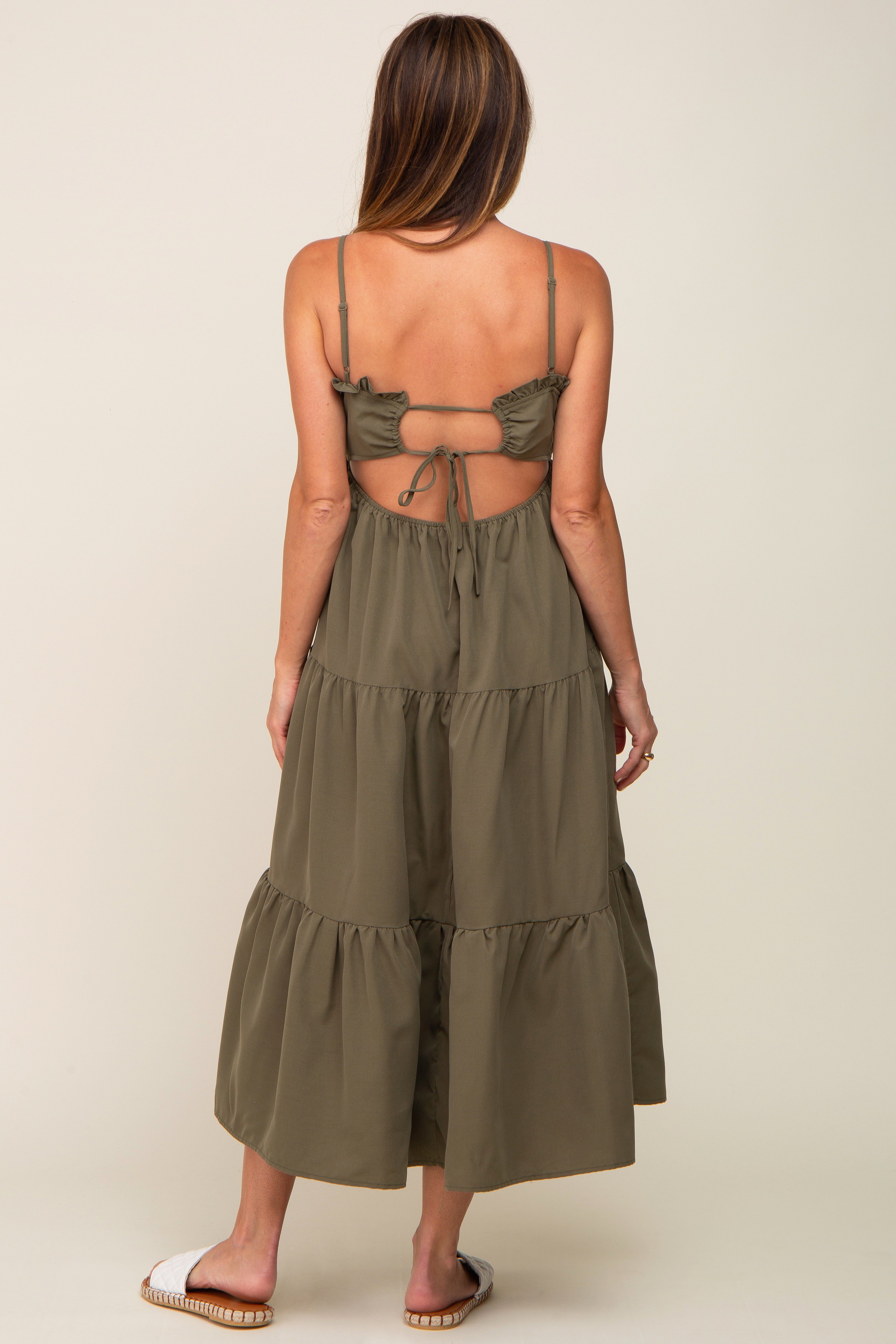 Olive Smocked Open Back Tiered Midi Dress sold by Pinkblush product image thumbnail 4