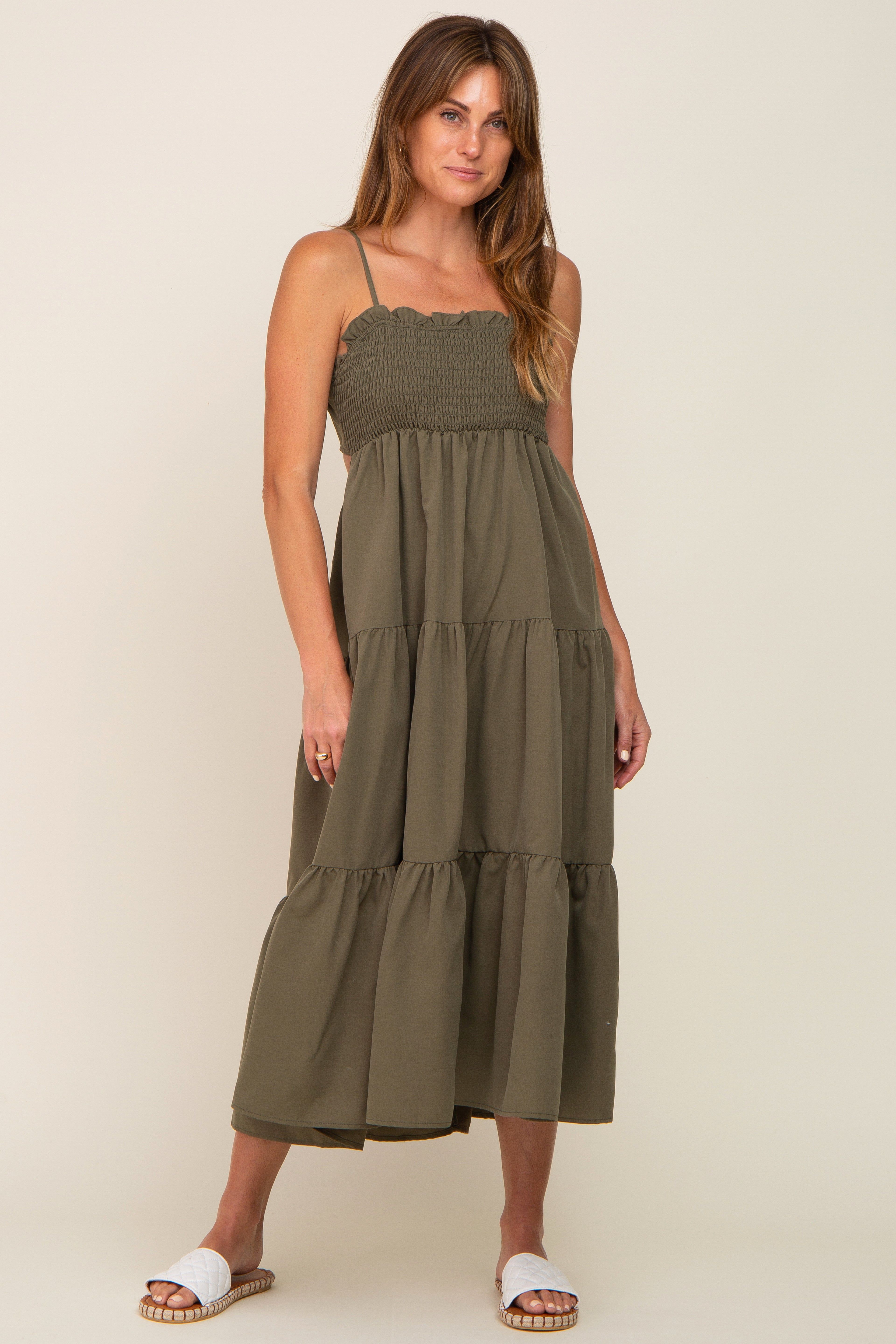 Olive Smocked Open Back Tiered Midi Dress sold by Pinkblush