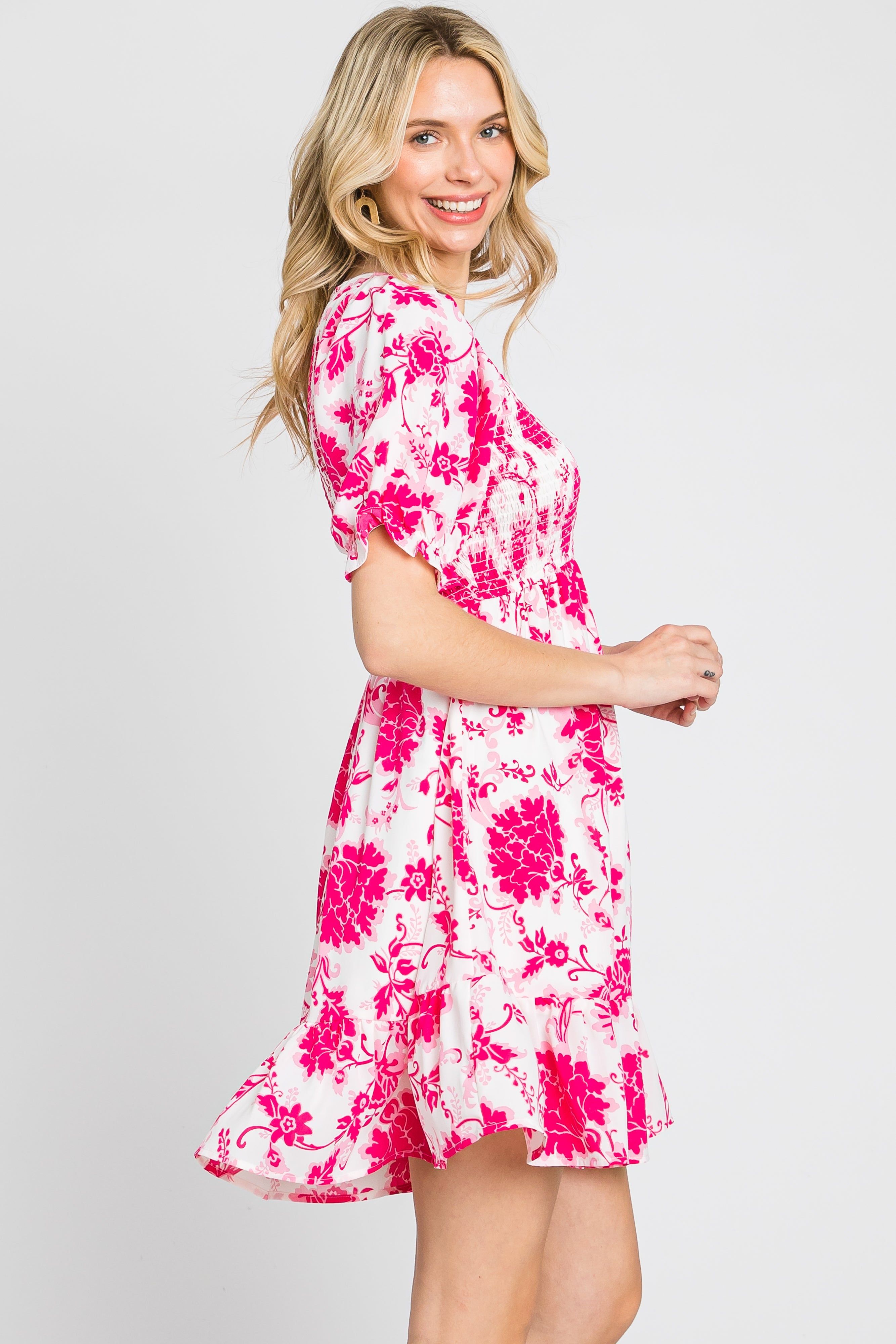 Fuchsia Floral Smocked Puff Sleeve Dress sold by Pinkblush product image thumbnail 3