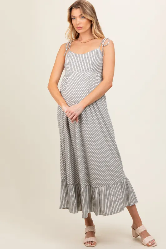 Grey Striped Tie Strap Maternity Maxi Dress sold by Pinkblush