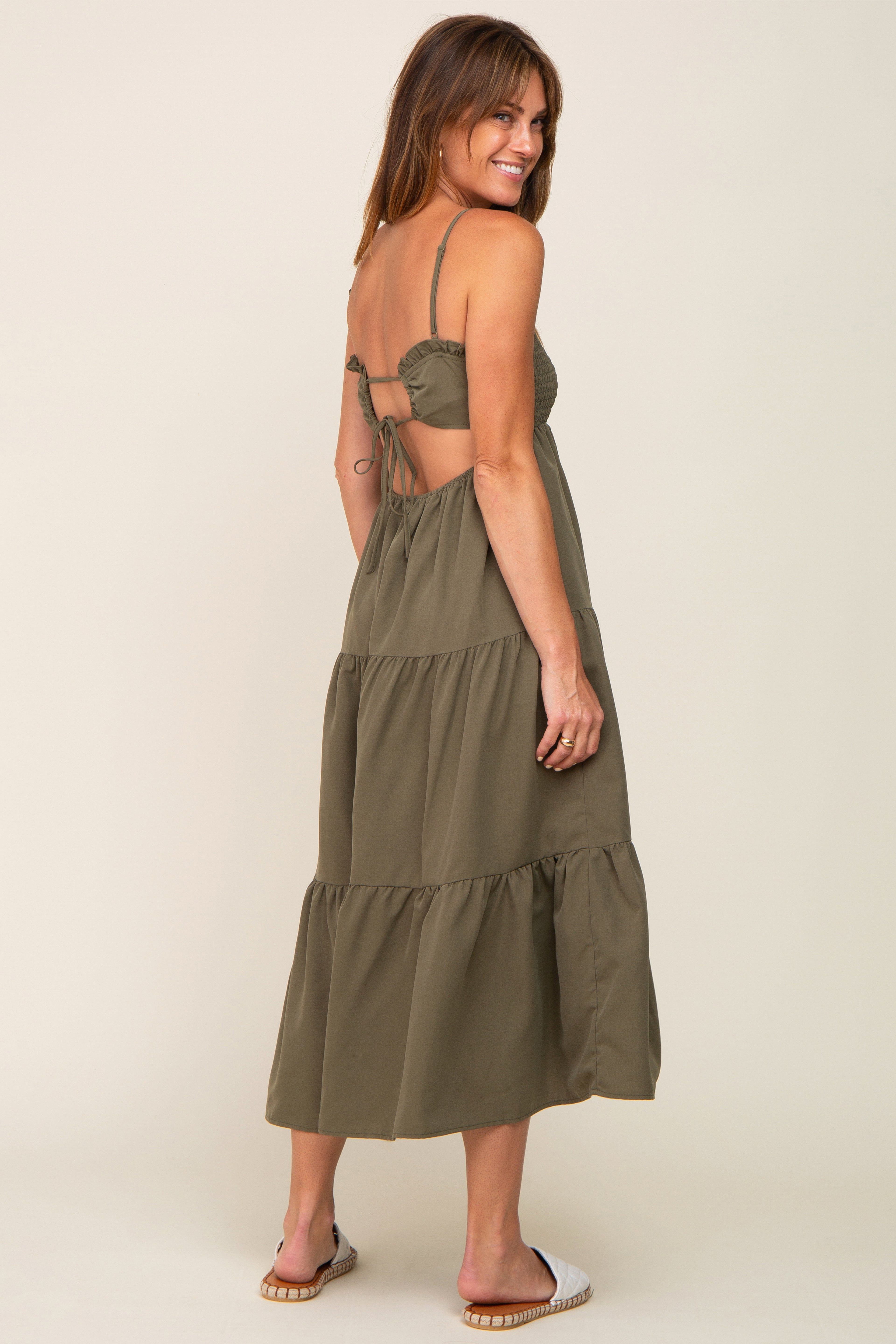 Olive Smocked Open Back Tiered Midi Dress sold by Pinkblush product image thumbnail 2