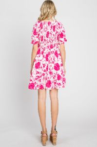 Fuchsia Floral Smocked Puff Sleeve Dress sold by Pinkblush