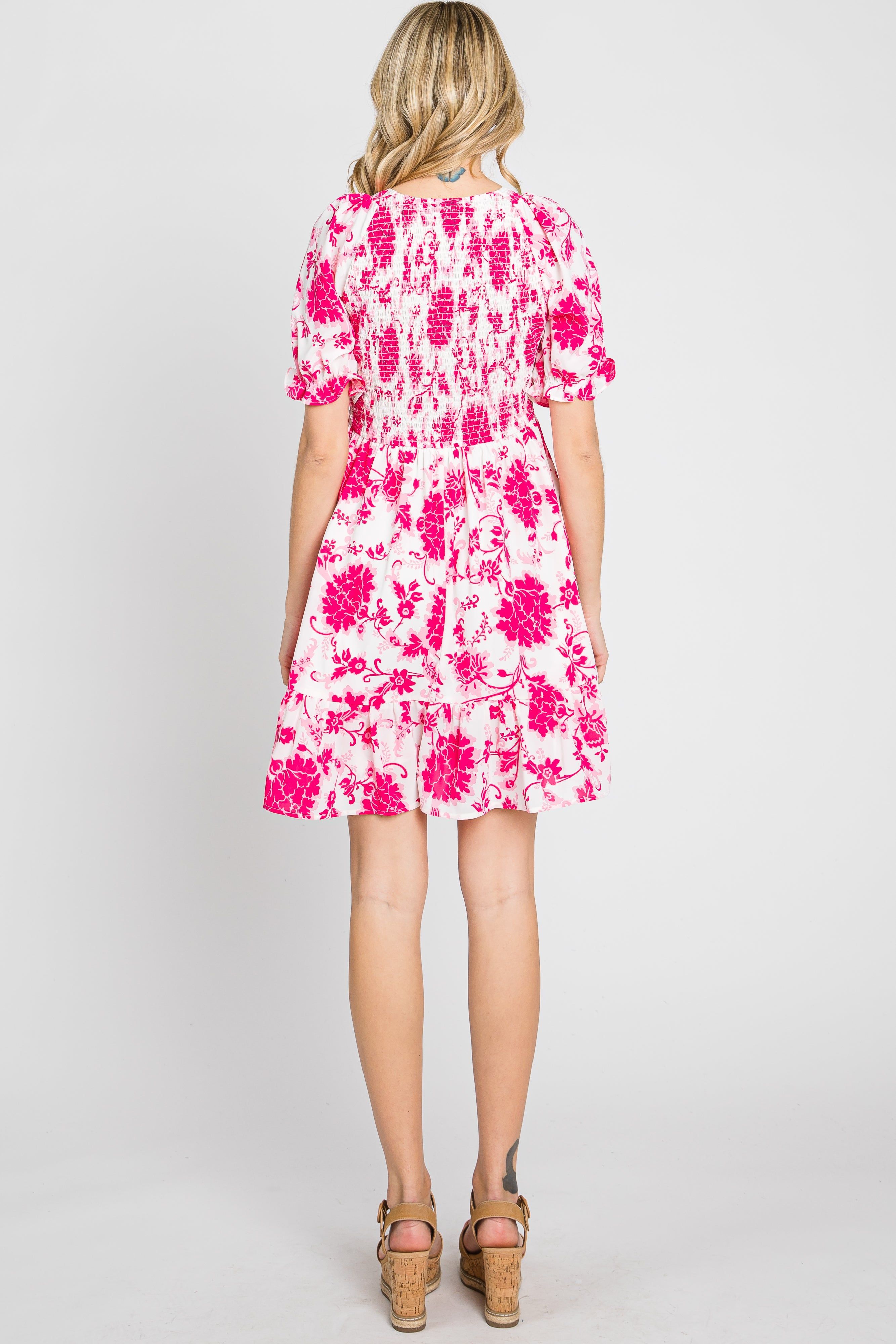 Fuchsia Floral Smocked Puff Sleeve Dress sold by Pinkblush product image thumbnail 4